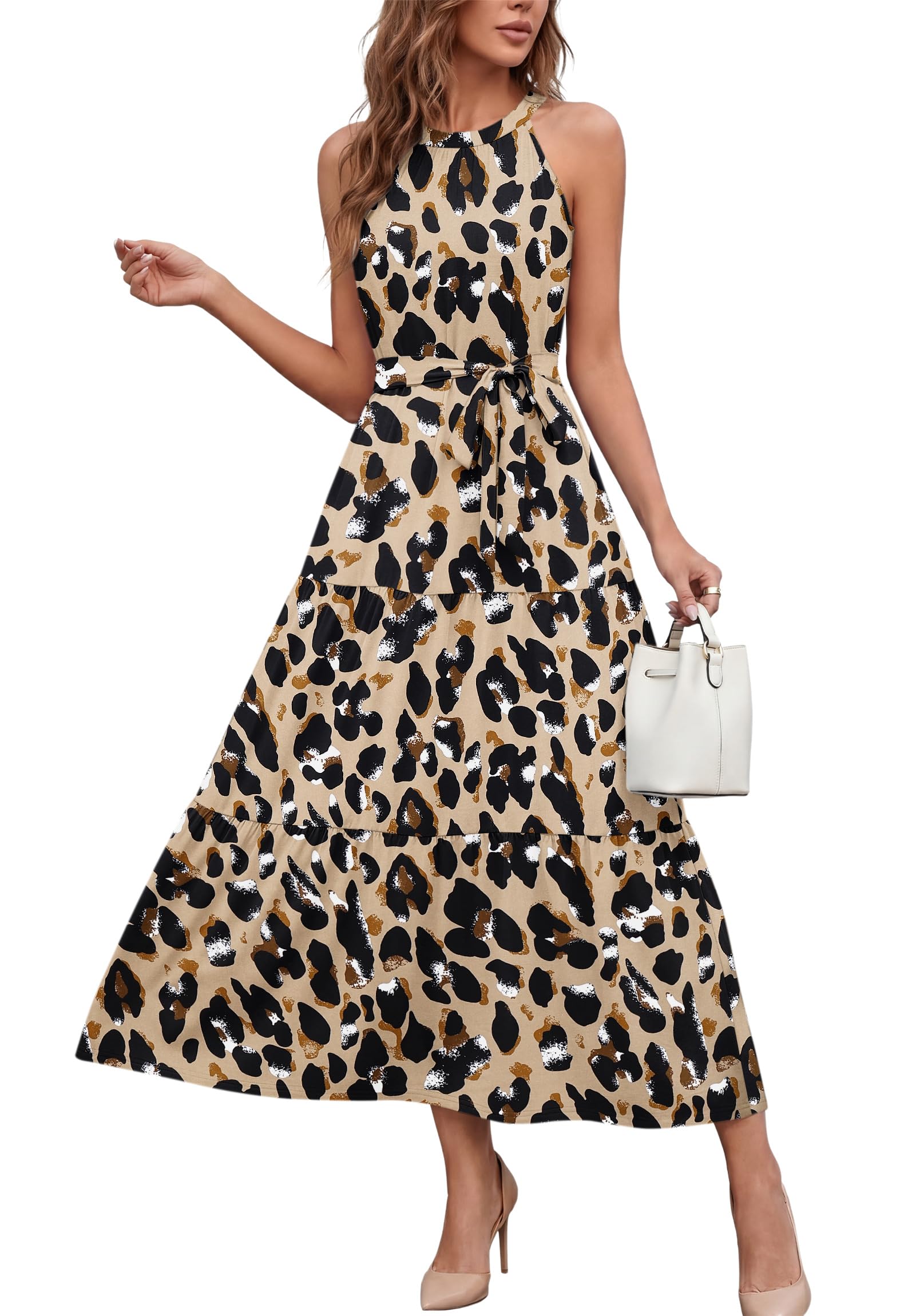 AUSELILY Damen Sommerkleid Lang Neckholder Maxikleid Mit Taschen und Gürtel | Strandkleid Ärmellos Elegant Kleid Damen Sommer Rüschen Freizeit Leicht luftig Figurbetont Kombinierbar Abendkleid