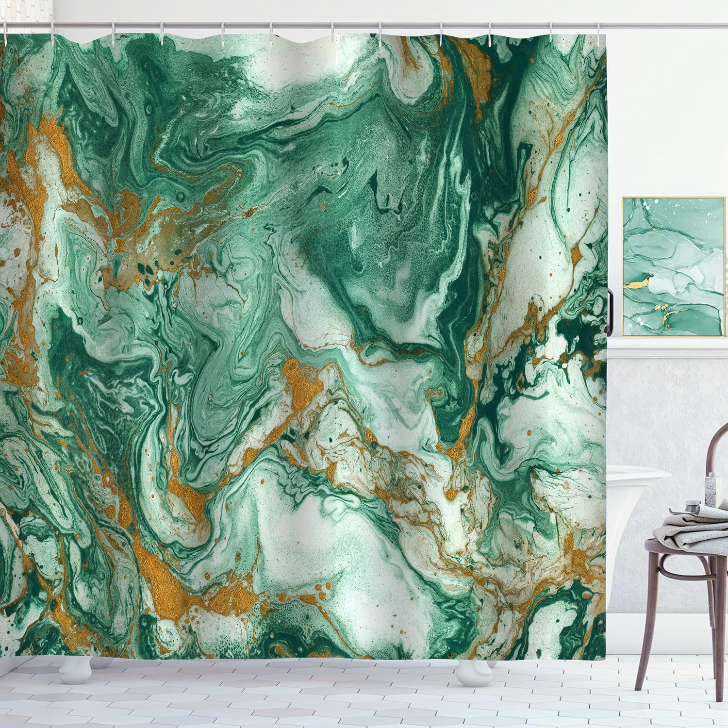 ZCHOMI Emerald Green Marble Shower Curtain Modern Abstract Dark Green Gold Shower Curtains for Bathroom Waterproof Polyester Fabric Bath Curtain 72 x