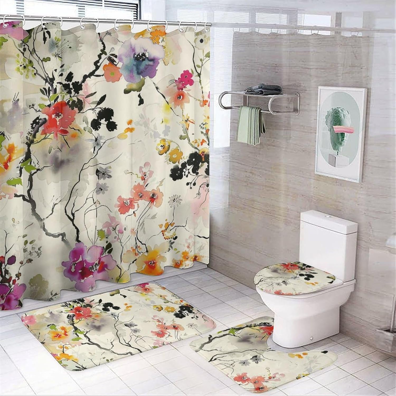 Intricate Floral Pattern Shower Curtain Set 4 Piece, Non-Slip Bath Mat with Toilet Lid Cover and Waterproof Shower Curtain with 12 Hooks, Complete Bathroom Set for Home Decor