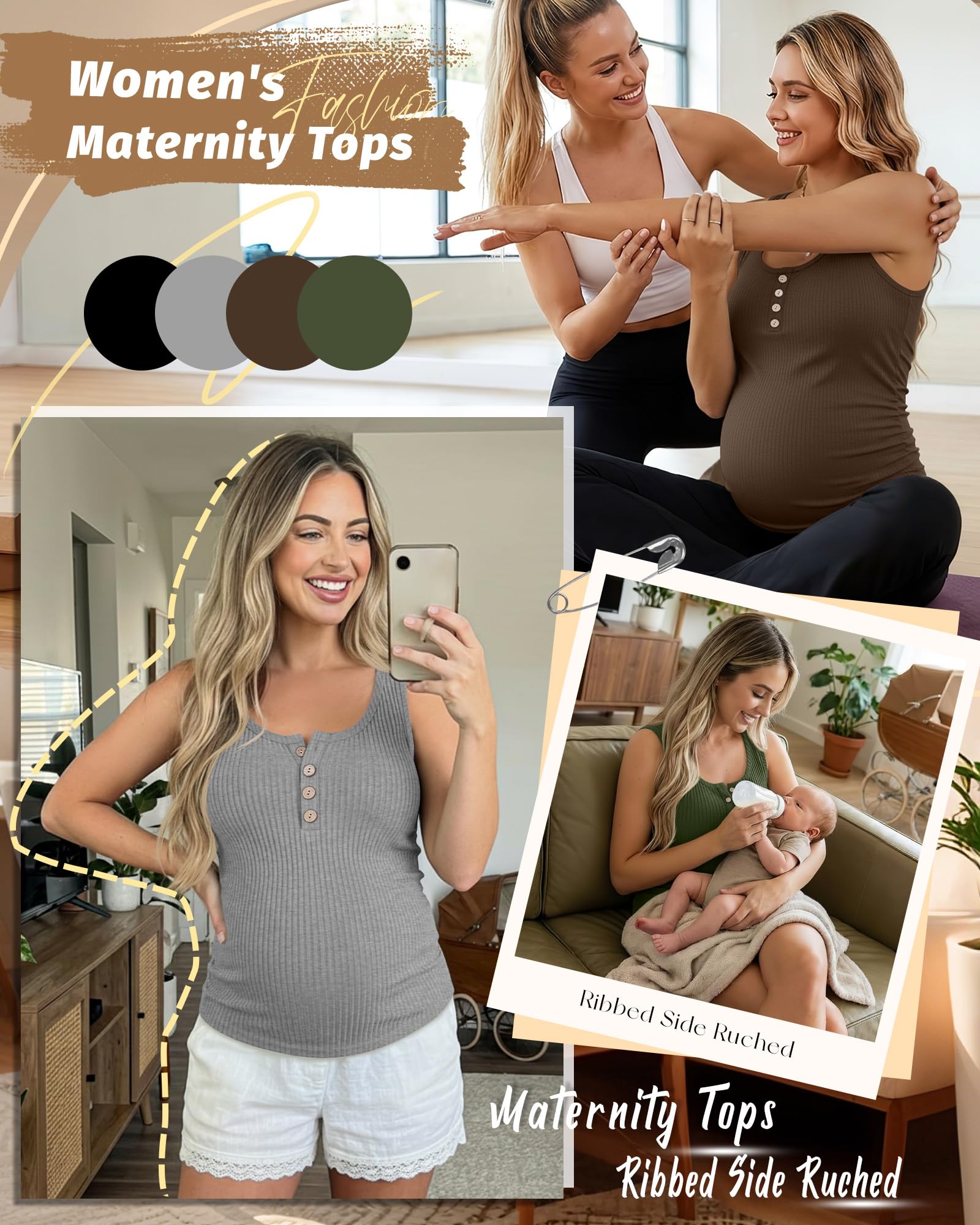 Xuniea Conjunto de 4 Regatas Femininas de Gestante Estilo Henley Em Algodão Com Decote Redondo, Detalhe Franzido Lateral e Sem Mangas