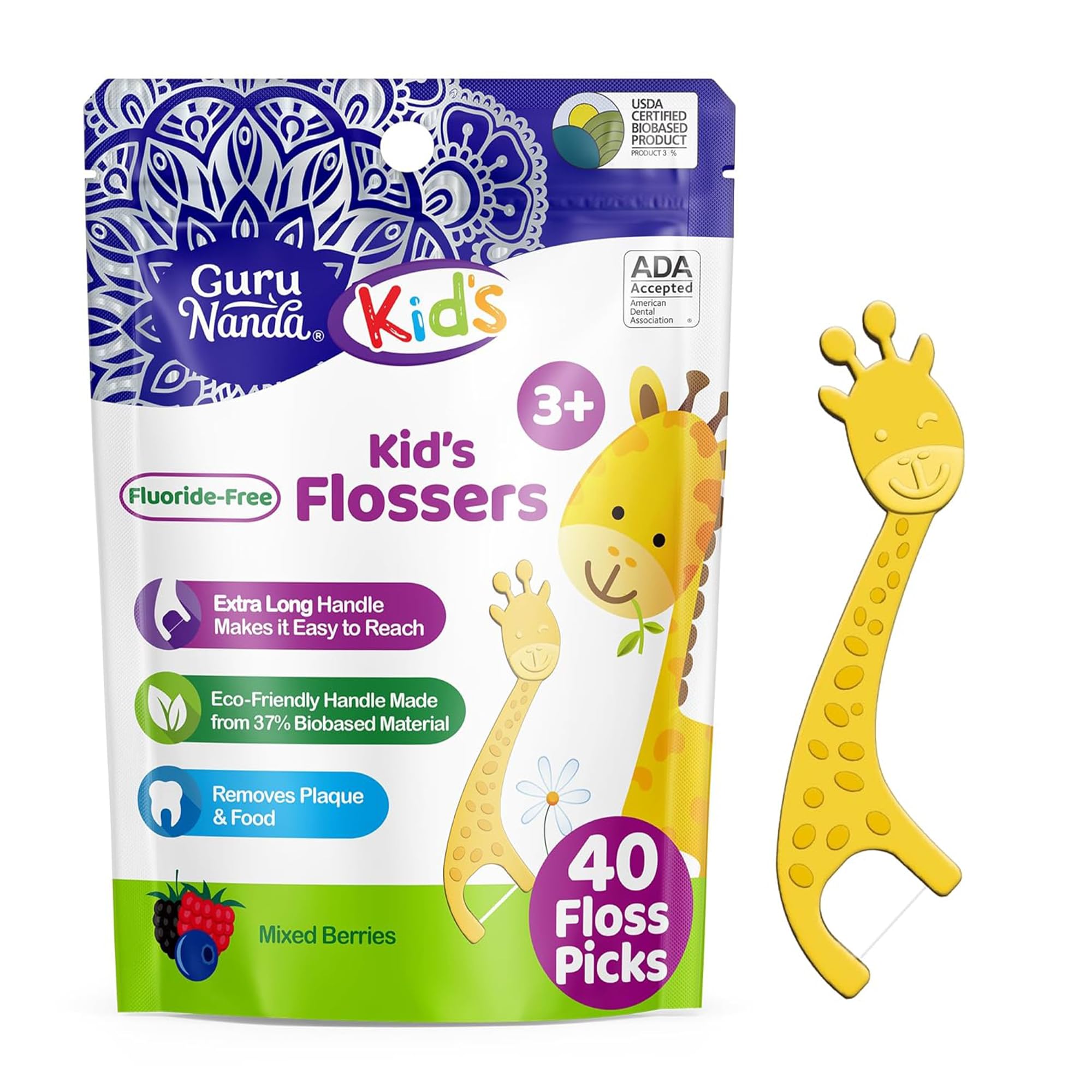 GuruNanda Dental Floss Picks for Kids Extra-Long Giraffe-Shaped Picks Fluoride-Free Anti-Slip Shred-Resistant Design Eco-Friendly Handle Berry Flavor Ideal