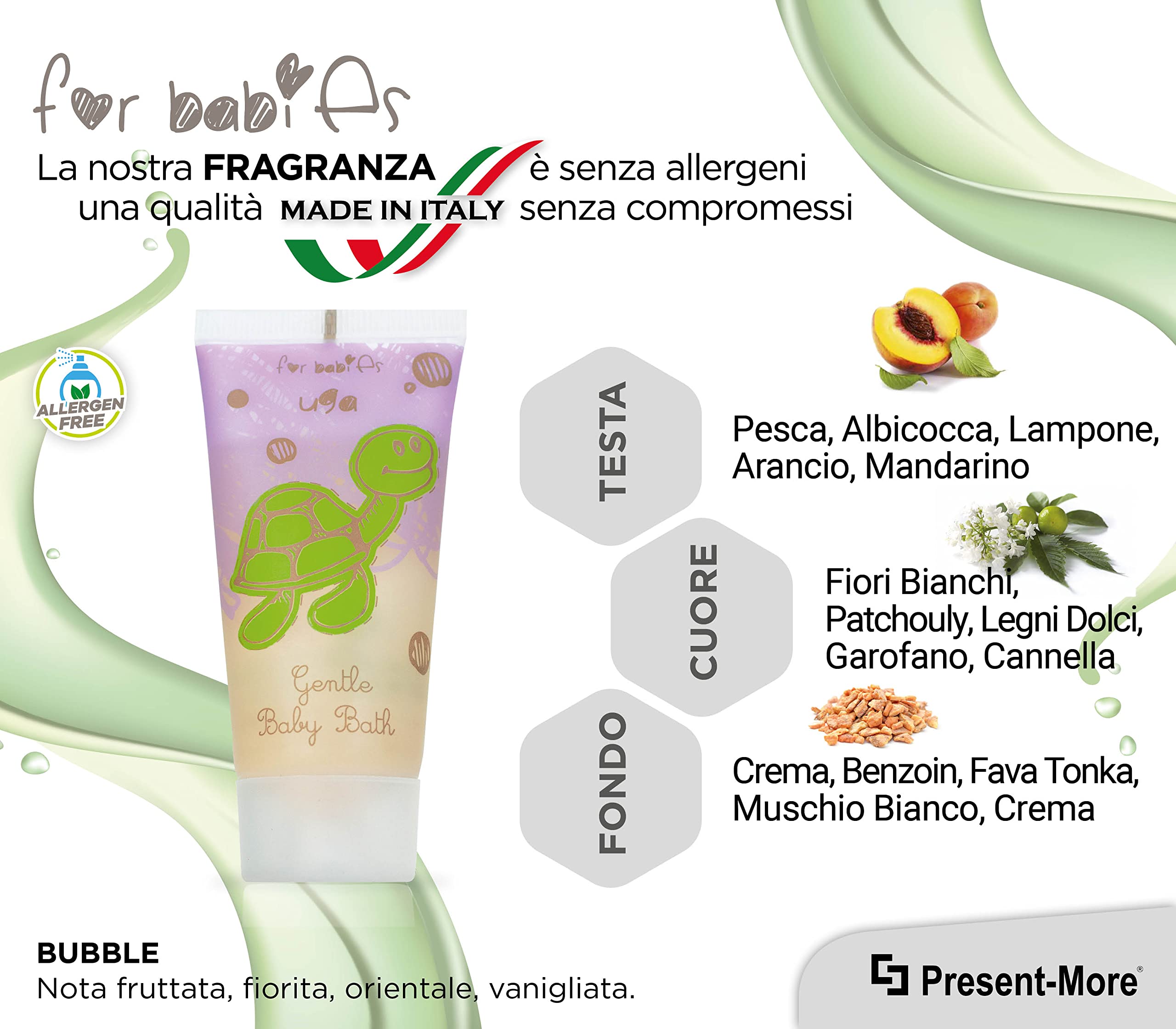 PRESENT-MORE - Bagno Schiuma 40ml For Babies - Confezione da 150 Pezzi - Bagnoschiuma Monodose Senza Allergeni - Fragranza Bubble - Made in Italy - Ideale per Hotel e B&B