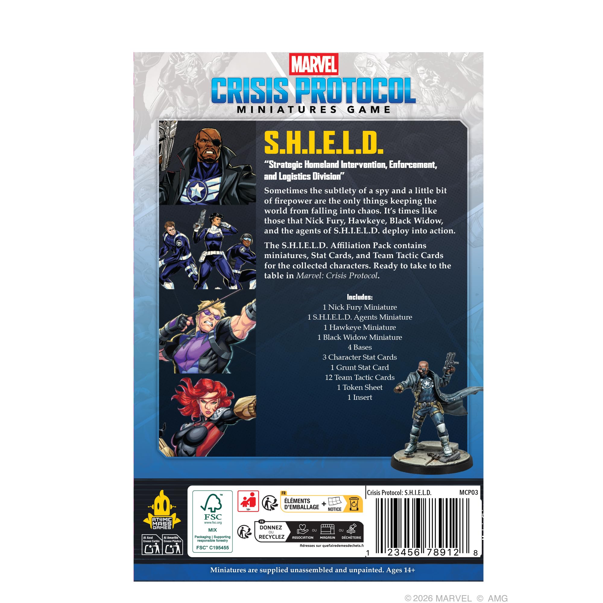 Asmodee, Marvel: Crisis Protocol – S.H.I.E.L.D., Affiliation Pack, wersja EN, rozszerzenie dla 2 graczy Ages 14+ z czasem odtwarzania 90-120 minut, wielojęzyczny