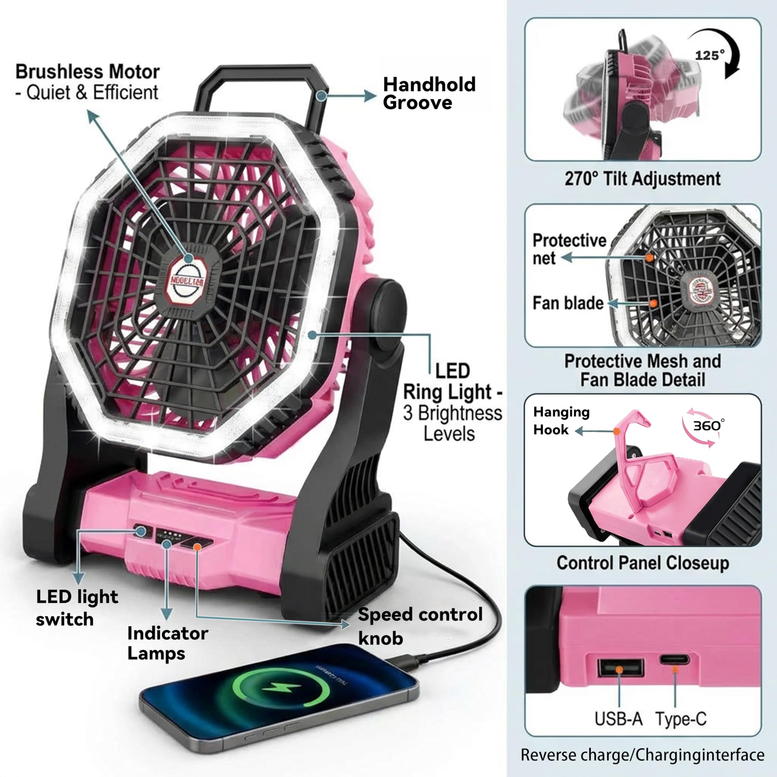 Ventilador de camping LED portátil, recargable 2 en 1, 4 ajustes de velocidad, batería de 10000 mAh, 3 modos de luz (Rosa)