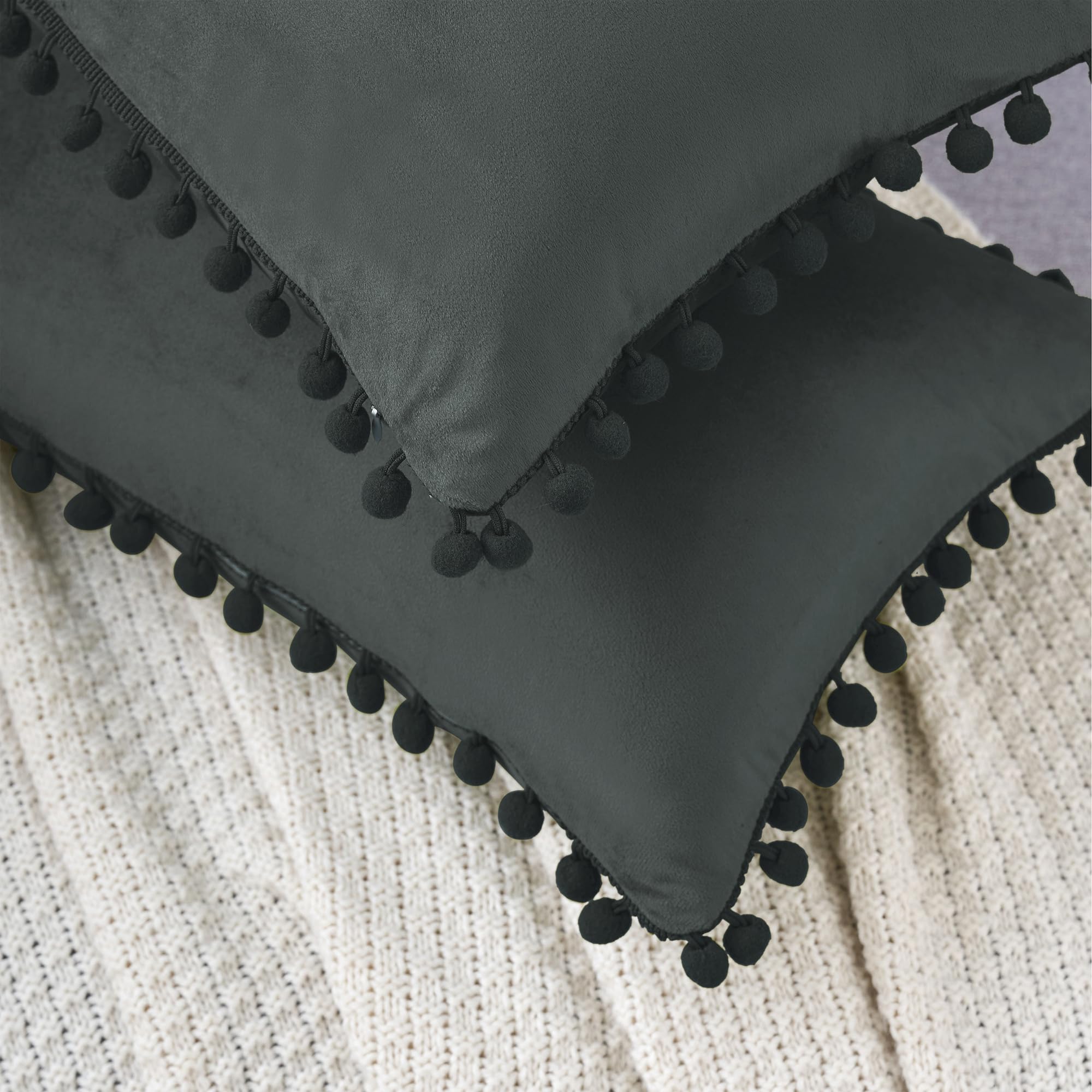 Uxcell Pack of 2 Velvet Throw Pillow Covers with Pompoms Decorative Pillow Cases Fringe Cushion Covers Velvet Square Sham for Farmhouse Bedroom Living Room Dark Gray 30 x 50 cm - Image 4