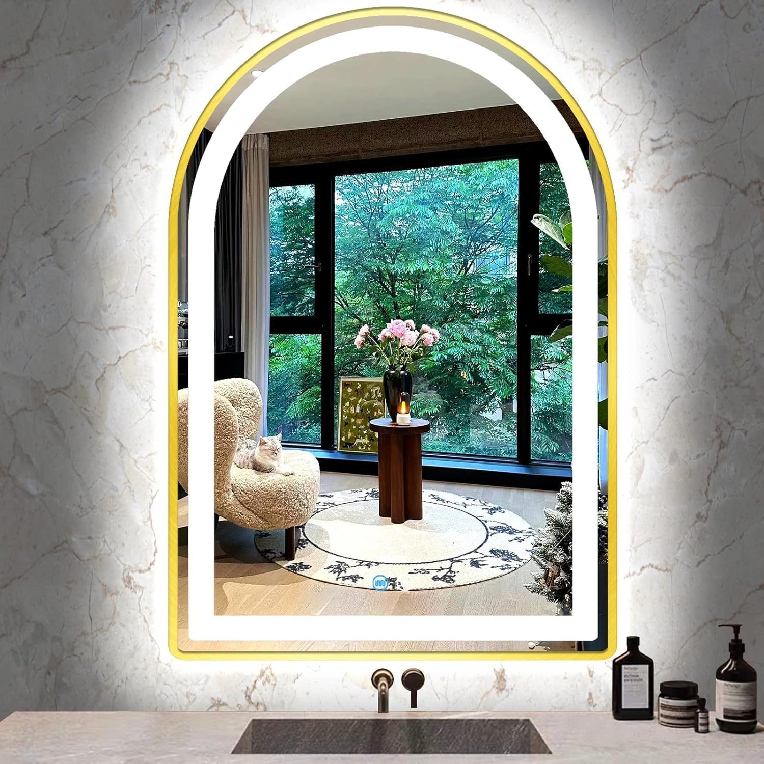 26 x 38 Inch Gold Frame Arch LED Mirror for Bathroom Salon Wall Makeup Table Arch Lighted Vanity Mirror with Lights Smart Memory 3 Color Dimmable AntiFog 38" Gold Smart Light up Arched Mirror