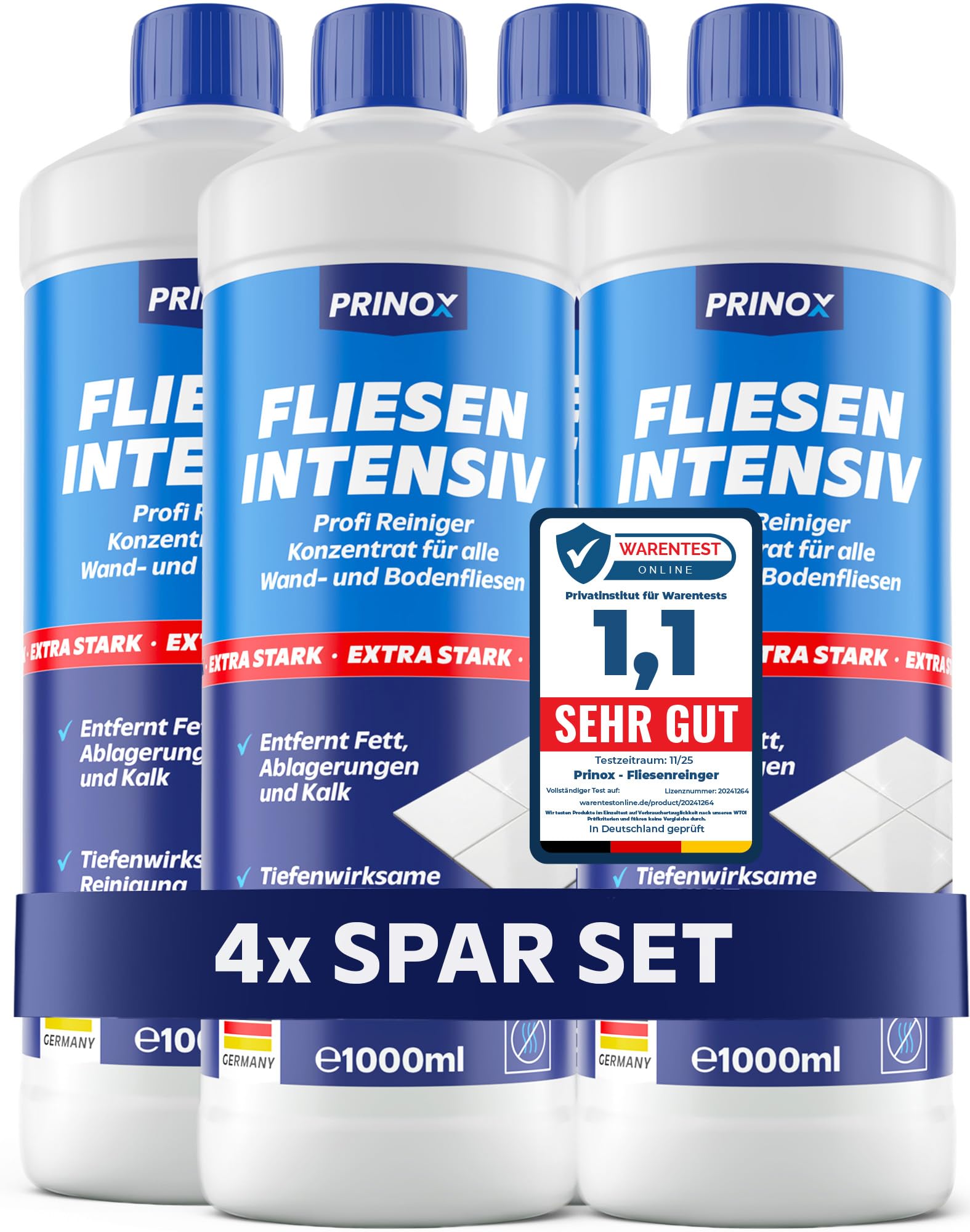 PRINOX 4x 1000ml Fliesenreiniger & Fugenreiniger Konzentrat EXTRA STARK - Reiniger zum Entfernen von hartnäckigen Verschmutzungen, Kalk oder Seifenresten im Bad