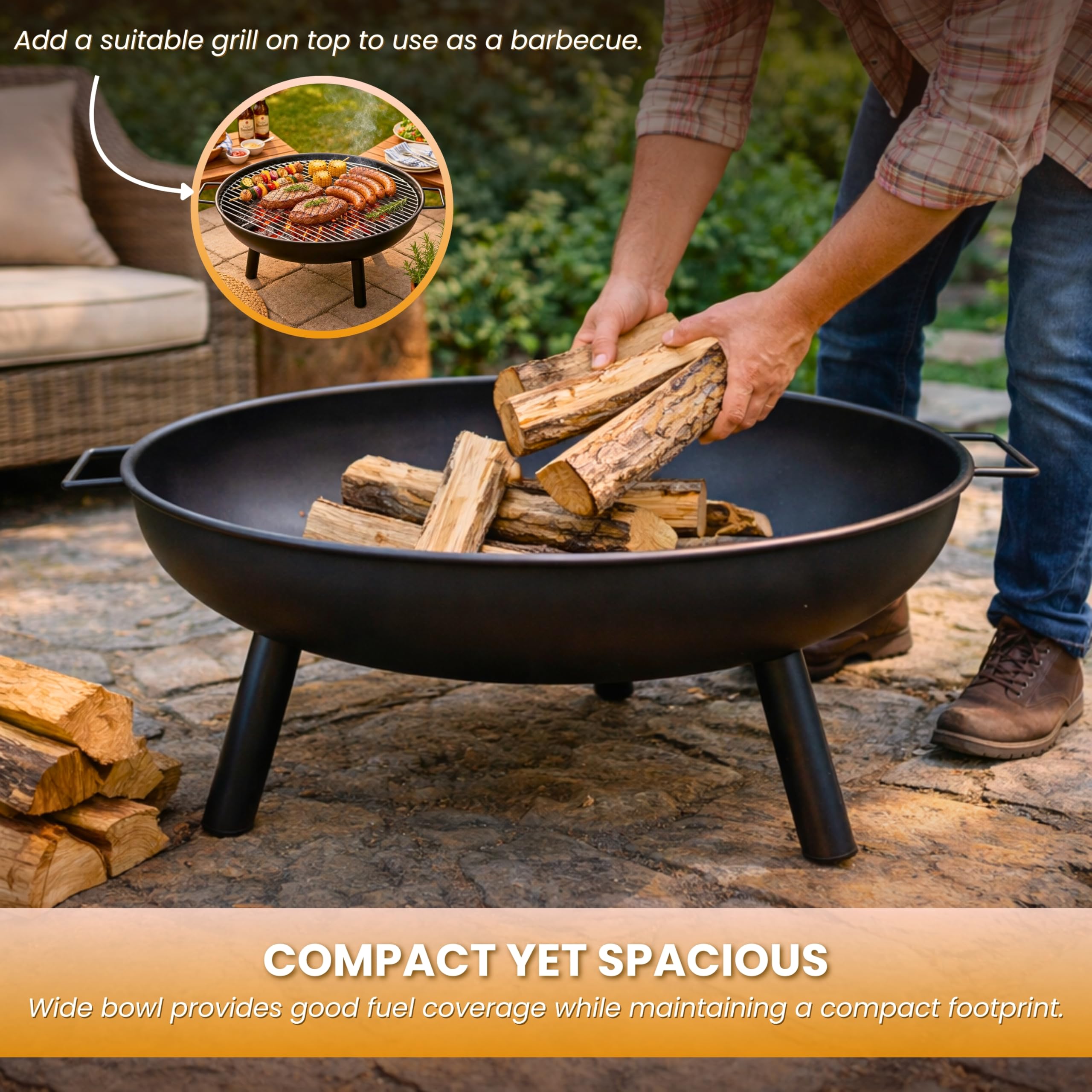 Garden Mile Outdoor Fire Pit Bowl 58cm Large Round Steel Garden Fire Pit with Handles Portable Wood Burning Fire Bowl with 3 Legs Heat Resistant Powder Coated Firepit for Patio, Camping, Bonfire — view 9