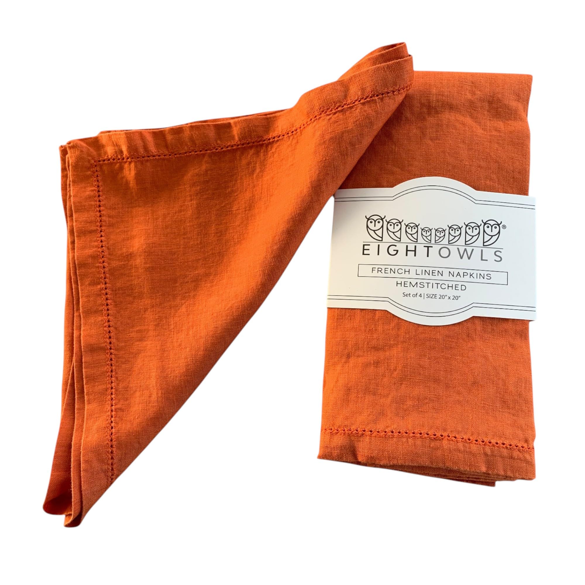 Hemstitched Linen Napkins – 50 cm x 50 cm - Stonewashed Pure Linen Cloth Napkins with Mitered Corners – Set of 4 (Tangerine)