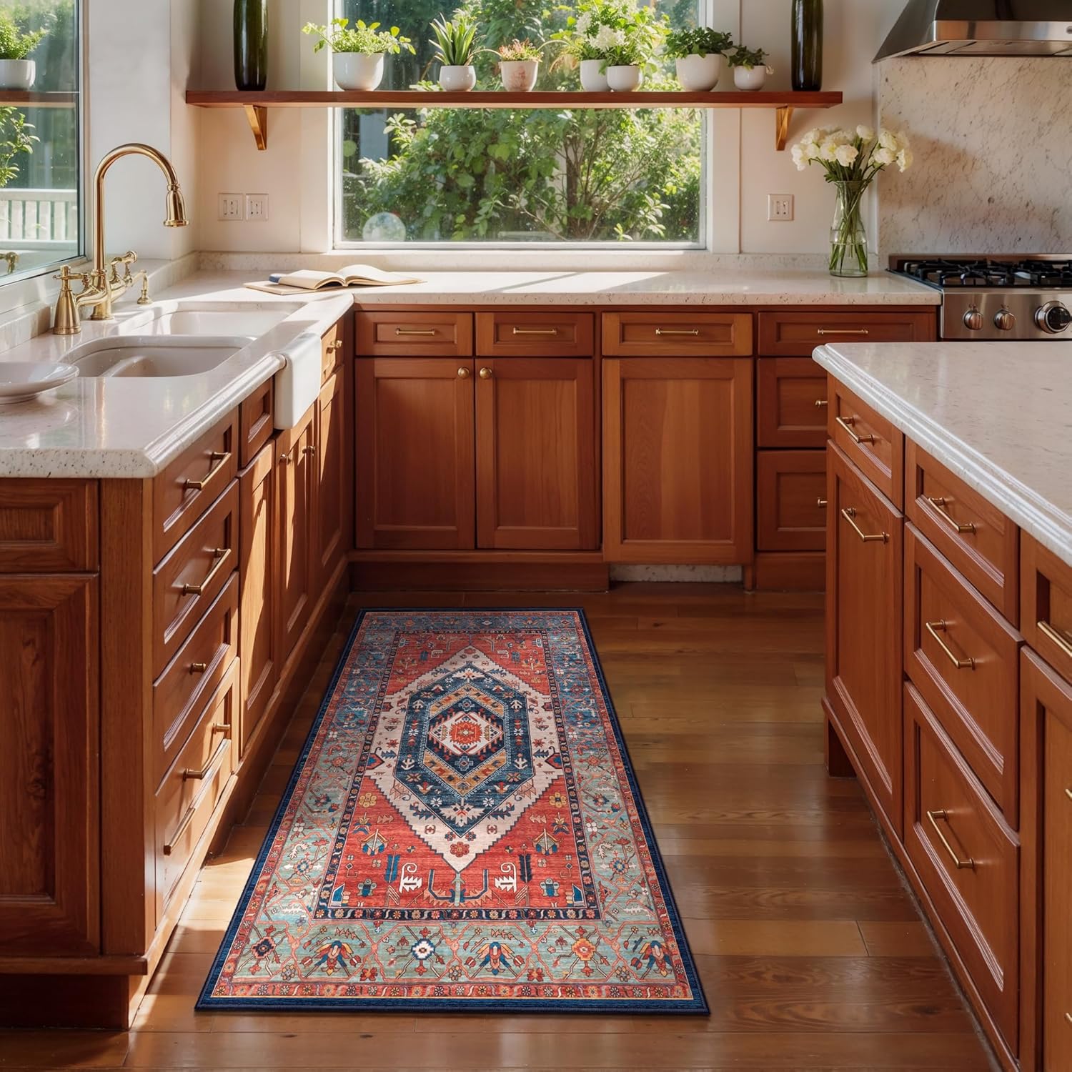 SERISSA 2x4 Boho Rugs for Entryway, Washable Non-Slip Kitchen Runner Rug, Ultra Soft Small Area Rug Vintage Rust Low-Pile Door Mat Indoor Entrance Carpet for Bedroom Hallway Laundry Room Bathroom