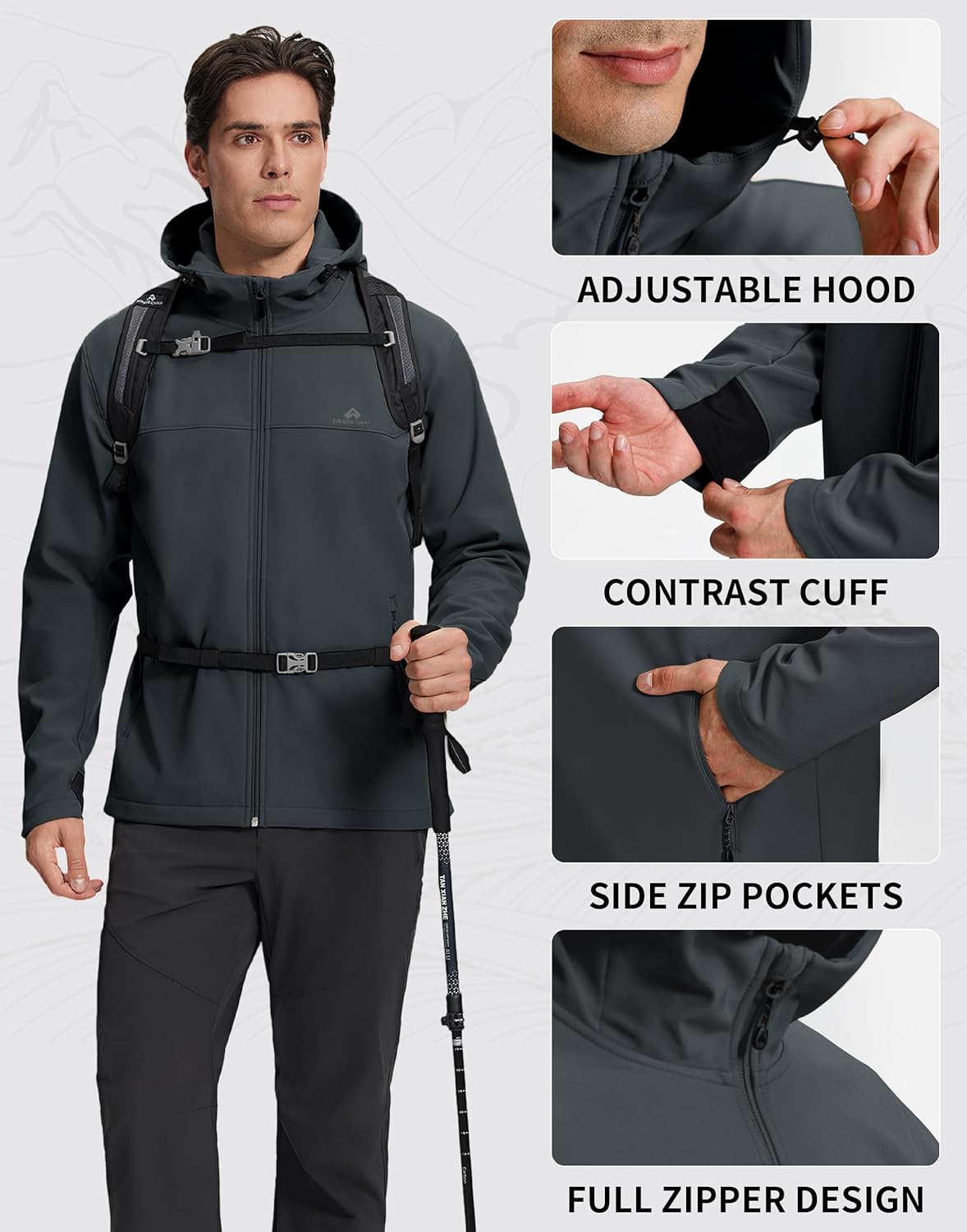 Pioneer Camp Men's Lightweight Softshell Waterproof Jacket Hooded Fleece Lined Windbreaker Rain Shell Jackets Hiking Outdoor - Image 4