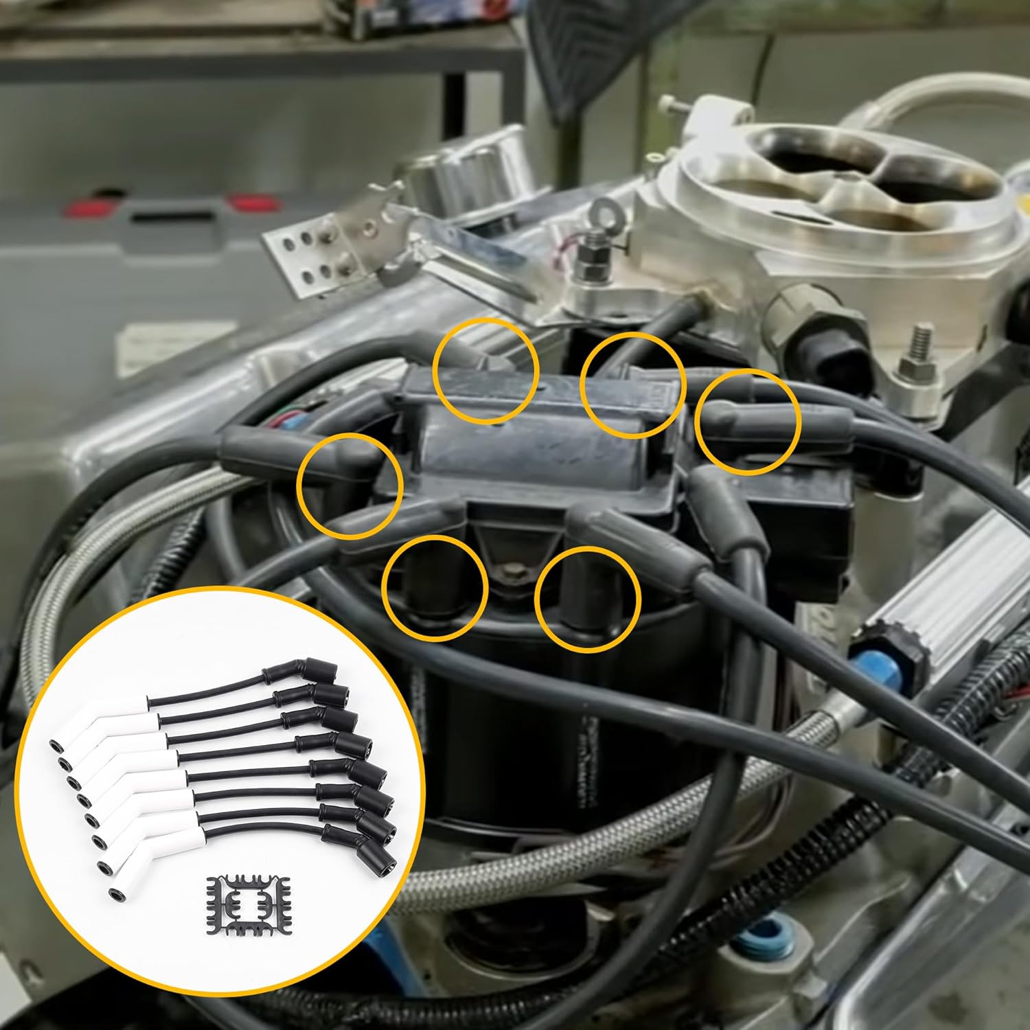 Dasbecan 9070C Spark Plug Wire Extreme 9000 Ceramic Boot Compatible with GM LS3 LS4 LS7 Engines(Black White, 8pcs)