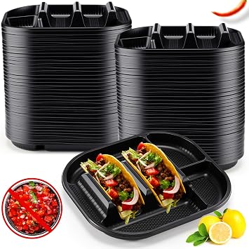 Baderke 100 Pack Disposable Taco Stands Holder Plates with 2 Dividers,Black