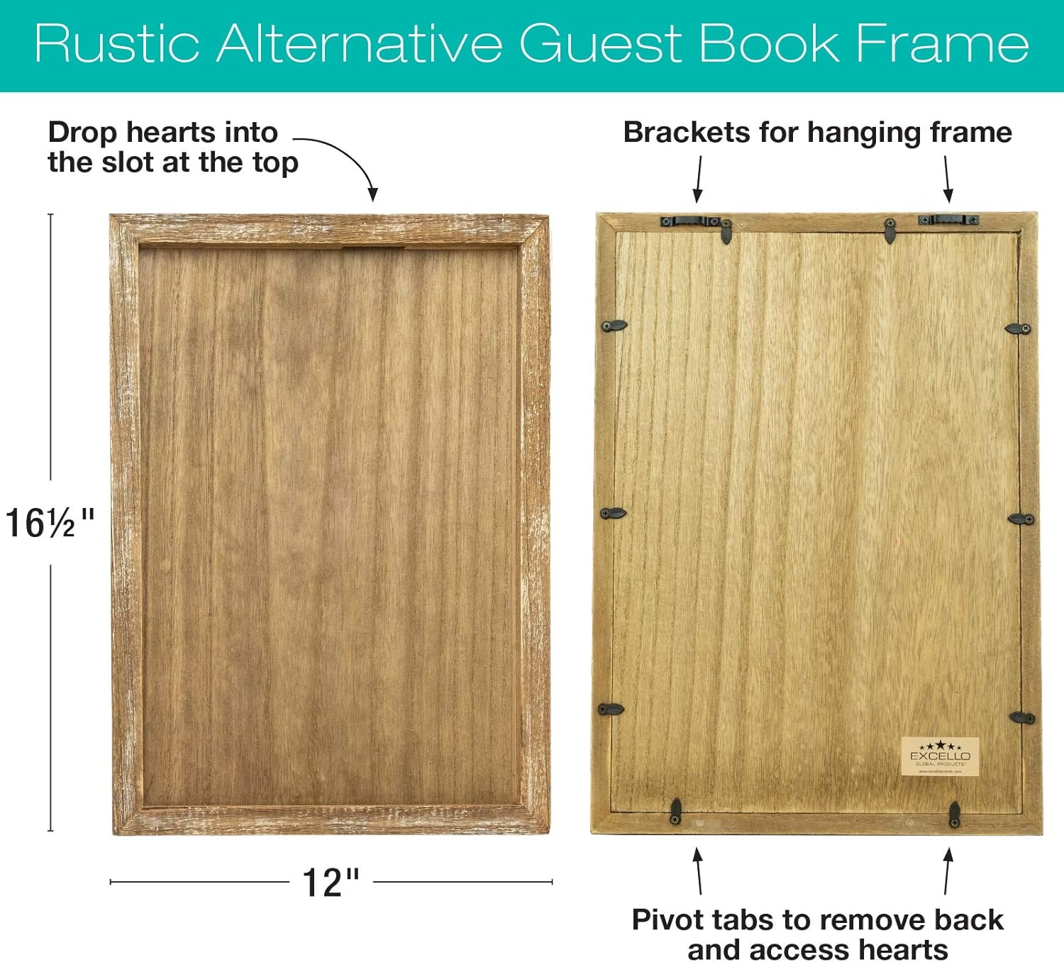 EXCELLO GLOBAL PRODUCTS Wedding Guest Drop Top Frame Wedding Guest Book Alternative With 70 Blank Wooden Hearts, a Traditional Guest Book, Picture Frame, and Display Easel (RUSTIC BROWN WOOD)
