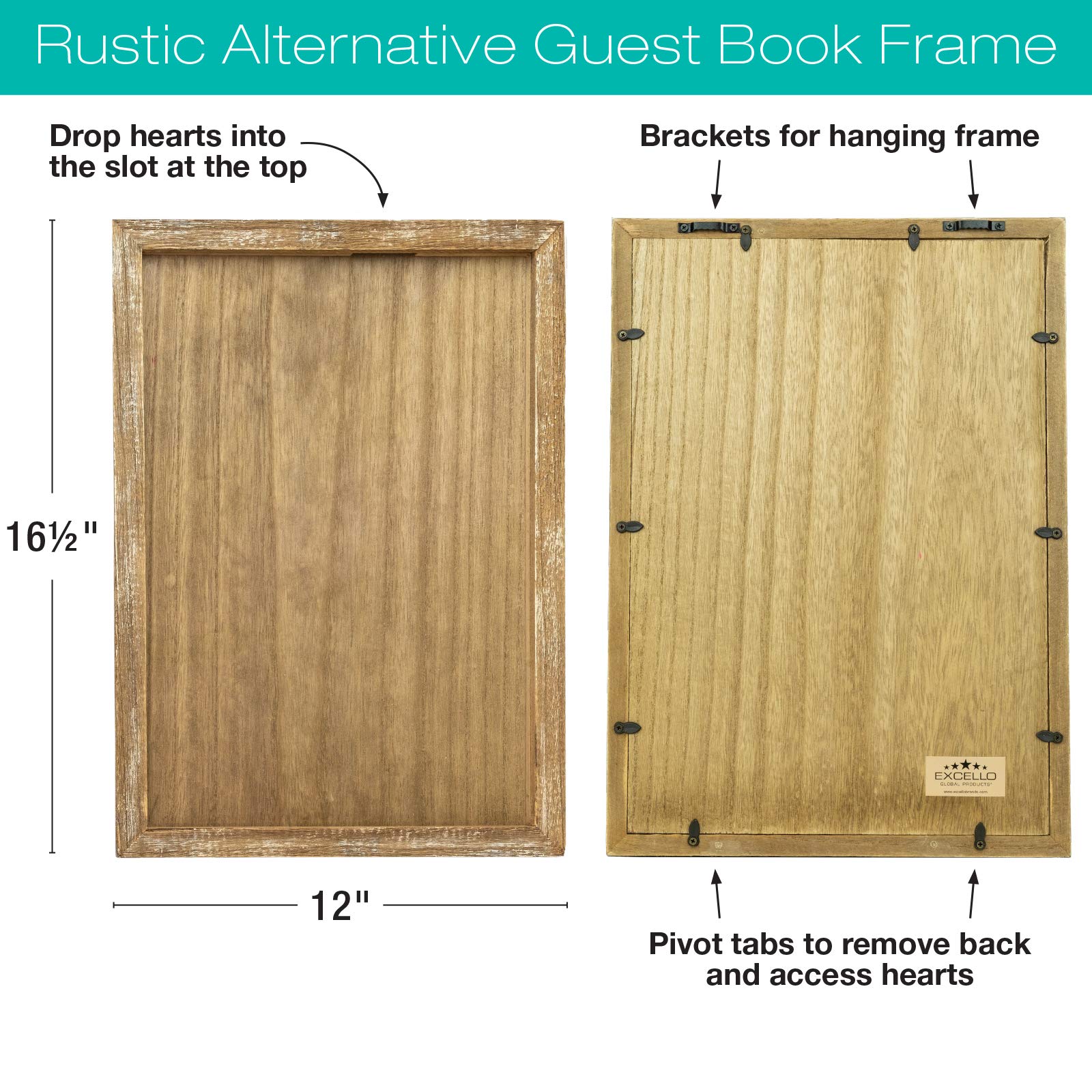 EXCELLO GLOBAL PRODUCTS Hochzeitsgästebuch, Alternative zu 70 leeren Holzherzen, traditionellem Gästebuch, Bilderrahmen und Staffelei (rustikales braunes Holz)