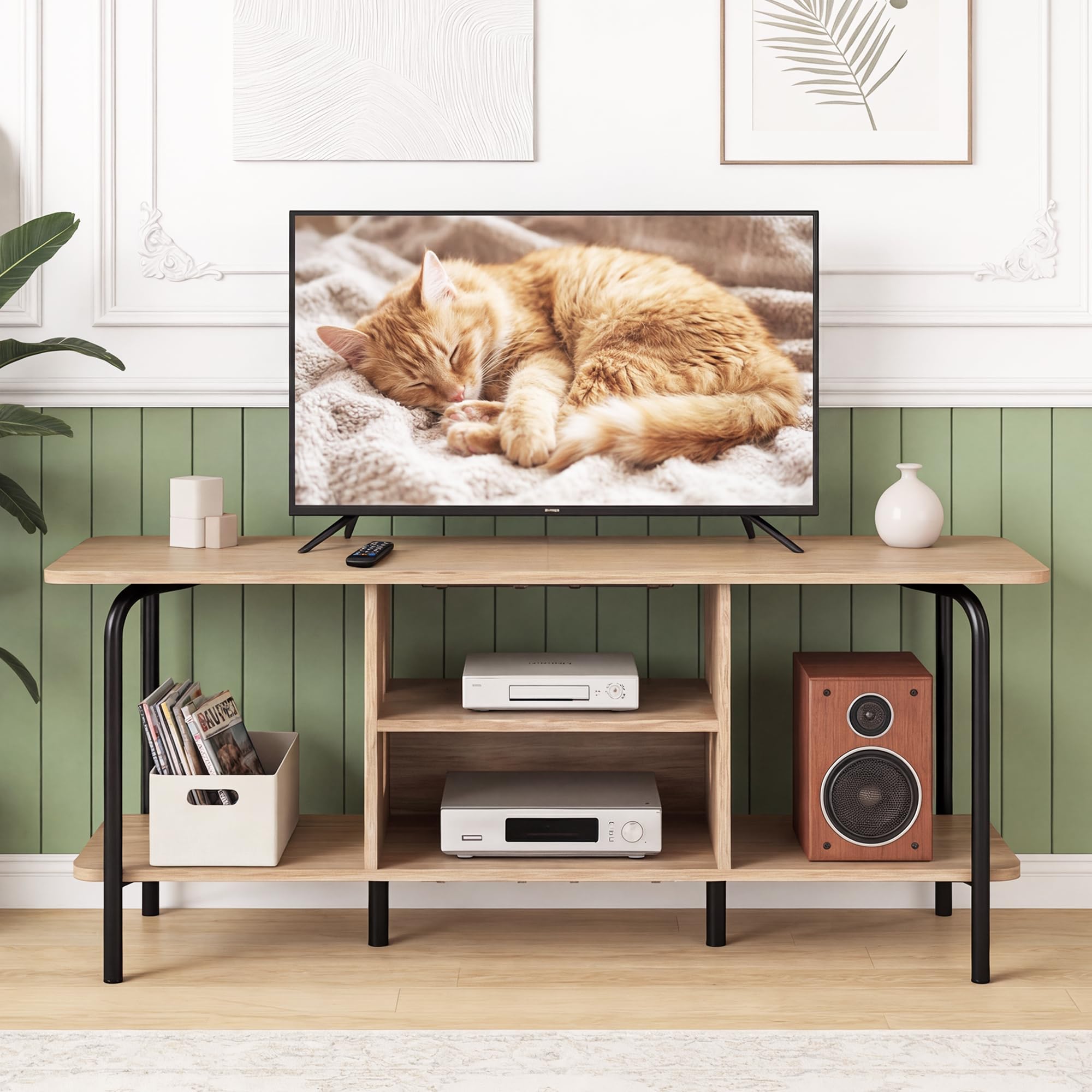Manora Meuble TV 120 cm de Longueur, Meuble Tele avec 4 Espaces de Rangement Ouverts, Meuble Télé Bois, Structure en Acier Solide，2 Pieds Centraux Réglables, Meuble TV aux Coins Arrondis (Chêne)