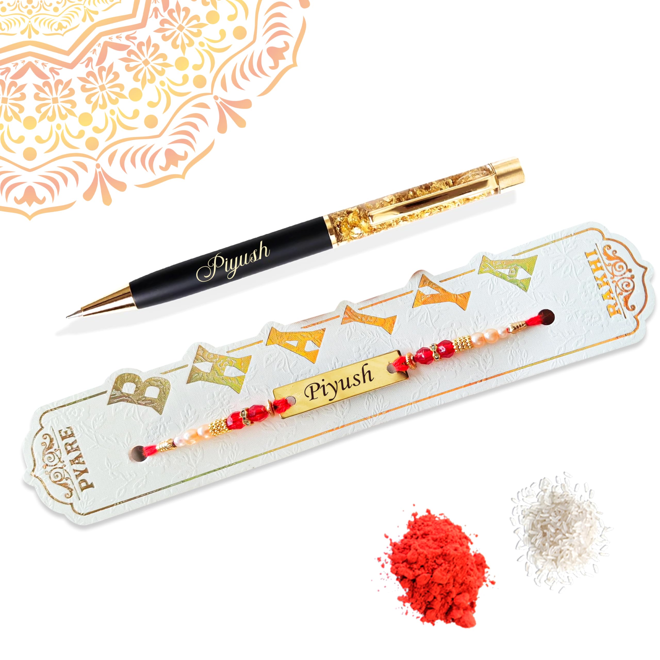 Personalized Raksha Bandhan Combo Gift – Customized Name Rakhi & Black Gold Pen for Brother (Laser Engraved, Name Printed)-image-22