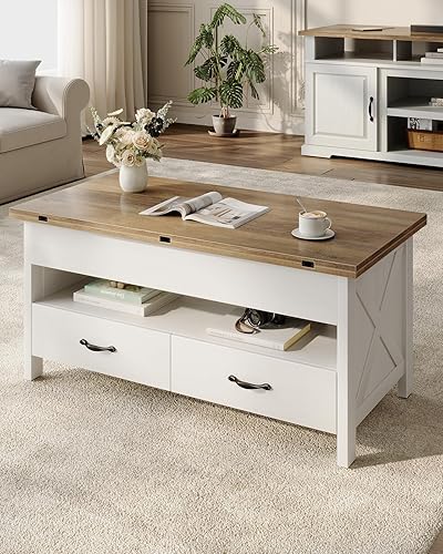 Vista 9 de Marsail Mesa de Centro Elevable de 40", Mesa de Centro 4 en 1 con Compartimento Oculto, 1 Estante Abierto y 2 Cajones, Mesa Central Multifuncional