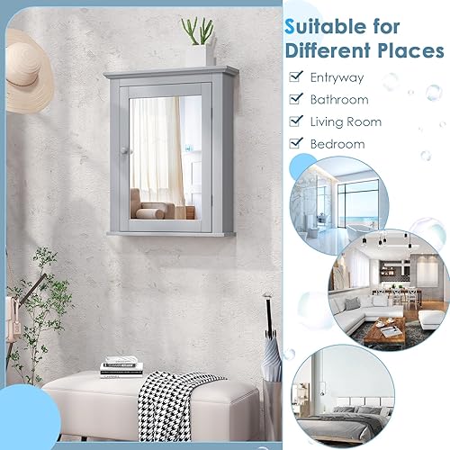 Miniatura 7 de COSTWAY Botiquín de baño con espejo, organizador de armario de almacenamiento montado en la pared con estante ajustable de 5 posiciones, gabinete de