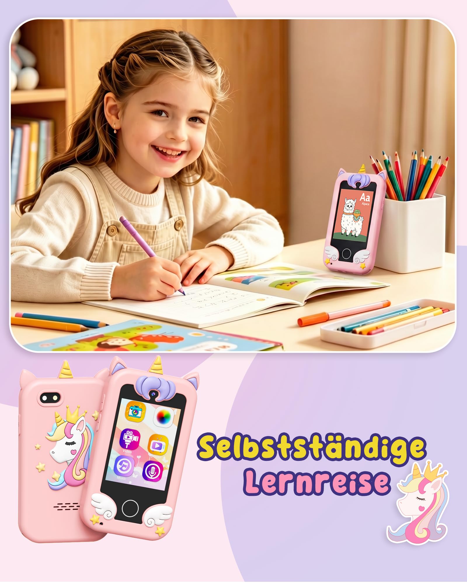 UCIDCI Kinder Handy Spielzeug mit Dual-Kamera für 3-7 Jahre, Lernspielzeug & MP3-Player, Rosa