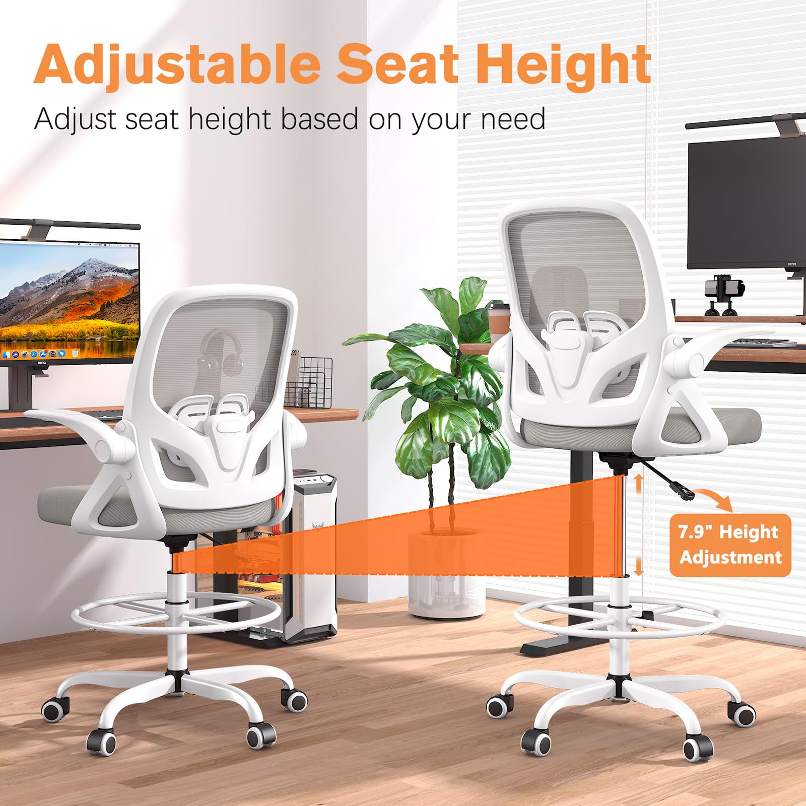 Silla de dibujo alta con soporte lumbar y anillo para reposapiés, silla de escritorio ergonómica de altura extendida para trabajo en casa, silla de oficina de malla transpirable con brazos 3
