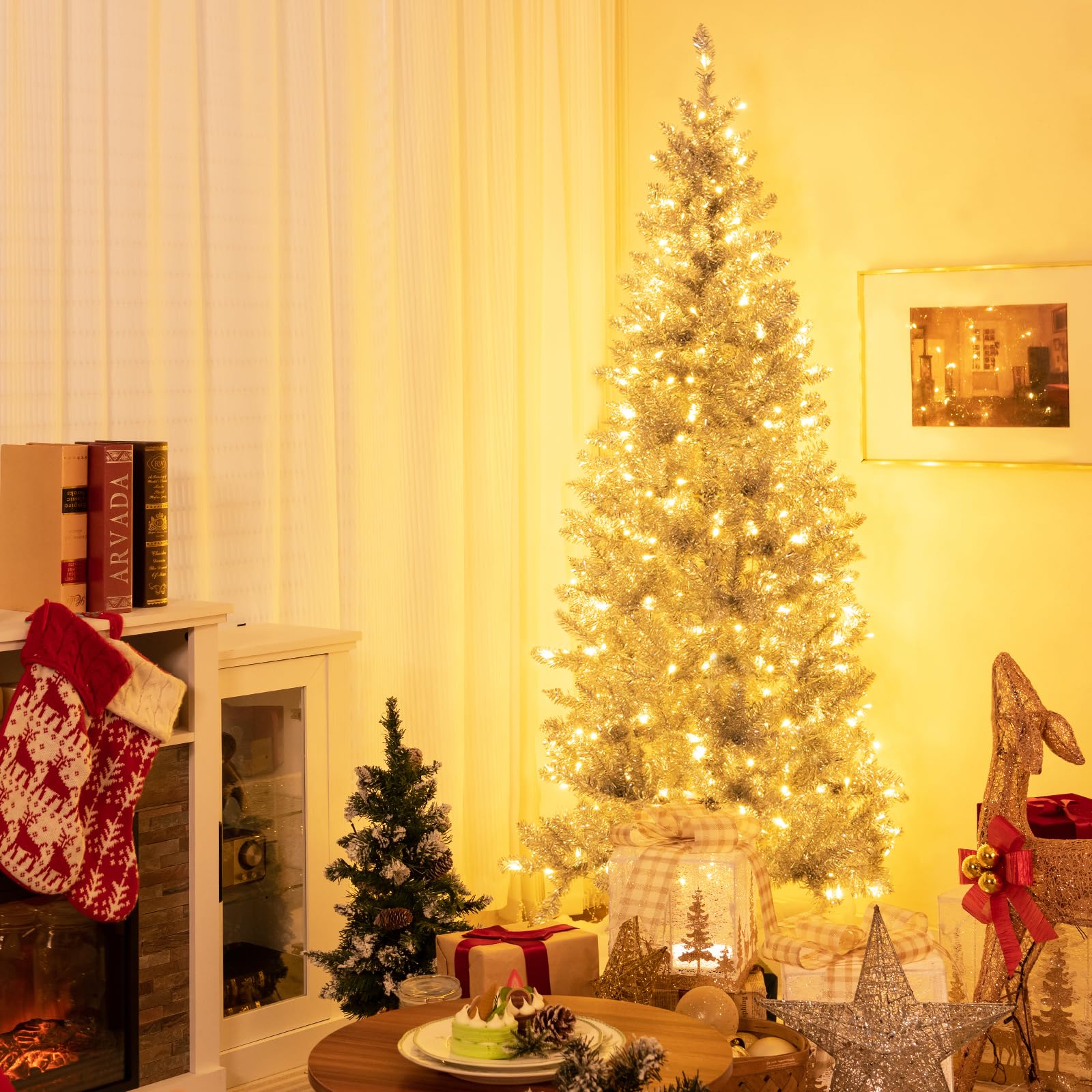 COSTWAY Sapin de Noël Artificiel Argenté Pré-éclairé de 180 cm, 790 Pointes de Branches, 300 Lumières LED Blanc Chaud, Support en Métal Pliable, Charnière, pour Bureau, Maison
