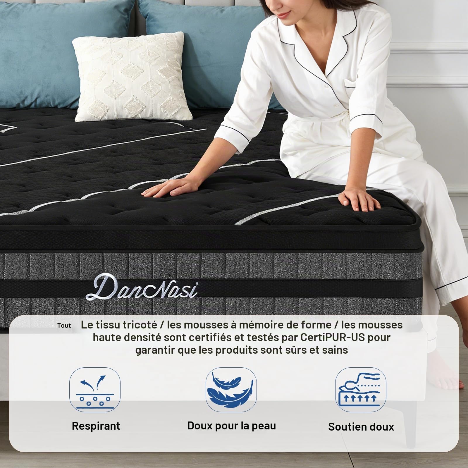 Matelas 140x190, Ressorts Ensachés+Latex Blue+Mousse Mémoire Gel, Certifié Oeko-Tex, 8 Zones de Soutien, Isolation des Mouvements, Anti-Affaisissement, Haute Résilience, Confort Mi-Ferme, Ép 28 cm