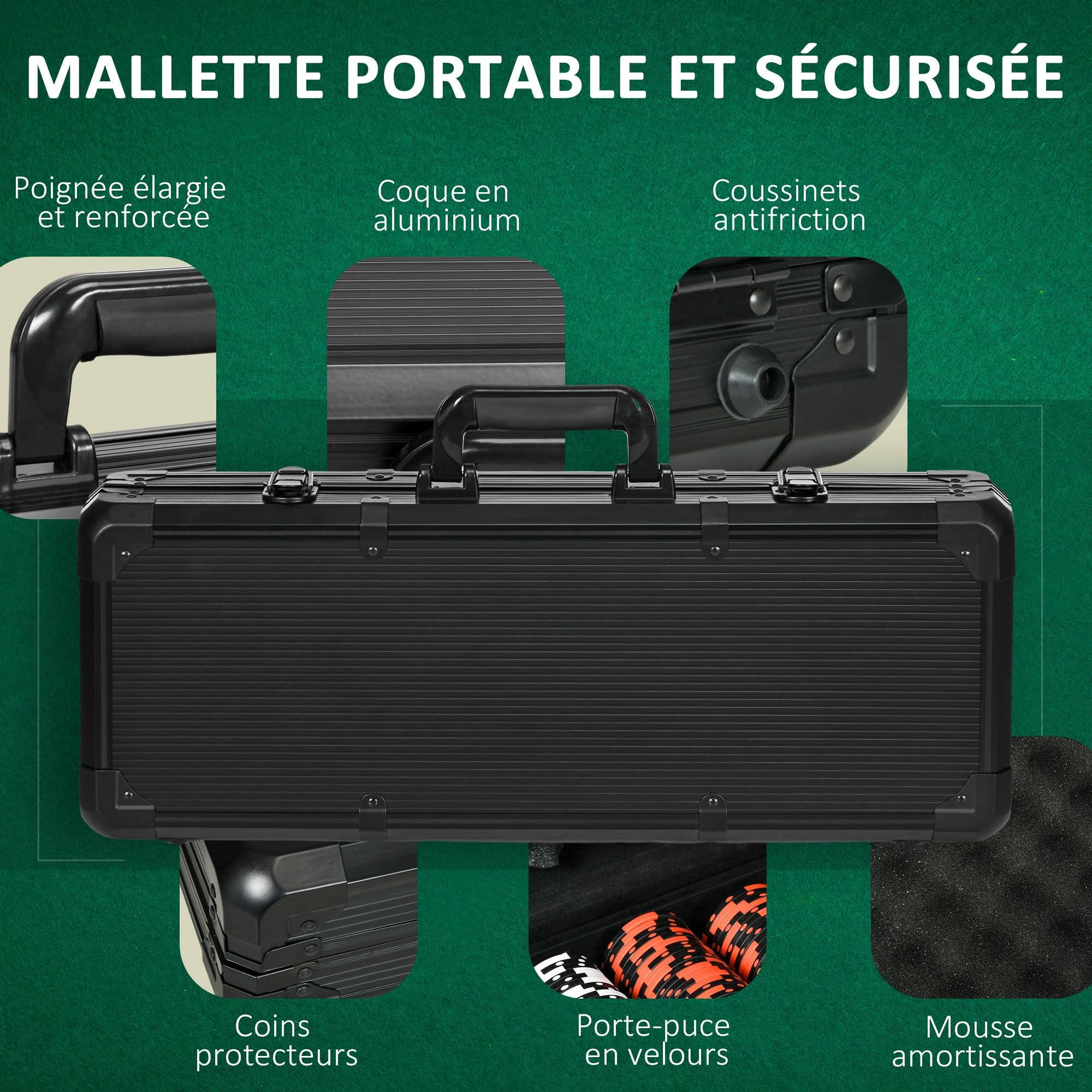 SPORTNOW Mallette de Poker Coffret de Poker Complet, avec 500 jetons à 14g, 5 dés, 2 Jeux de Cartes 3 Boutons Texas Holdem, Cartes de Poker, Bouton Dealer