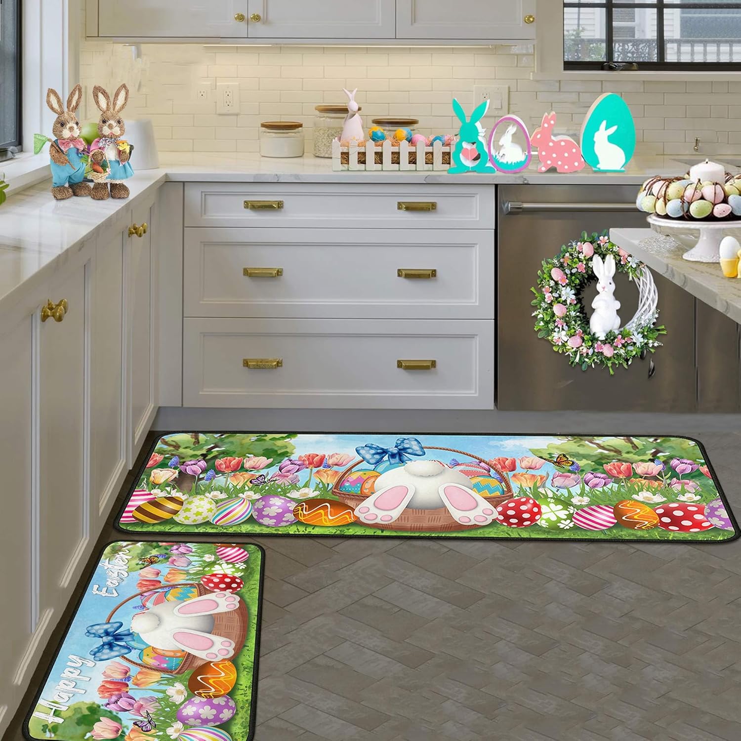 Easter Kitchen Rugs Set of 2, Easter Decorations Non Slip Backing Happy Easter Kitchen Mats for Floor Holiday Bunny Rug Egg Mat Easter Decor for Home Party Gifts (Happy Easter 3, 17"x47.2"+17"x30")