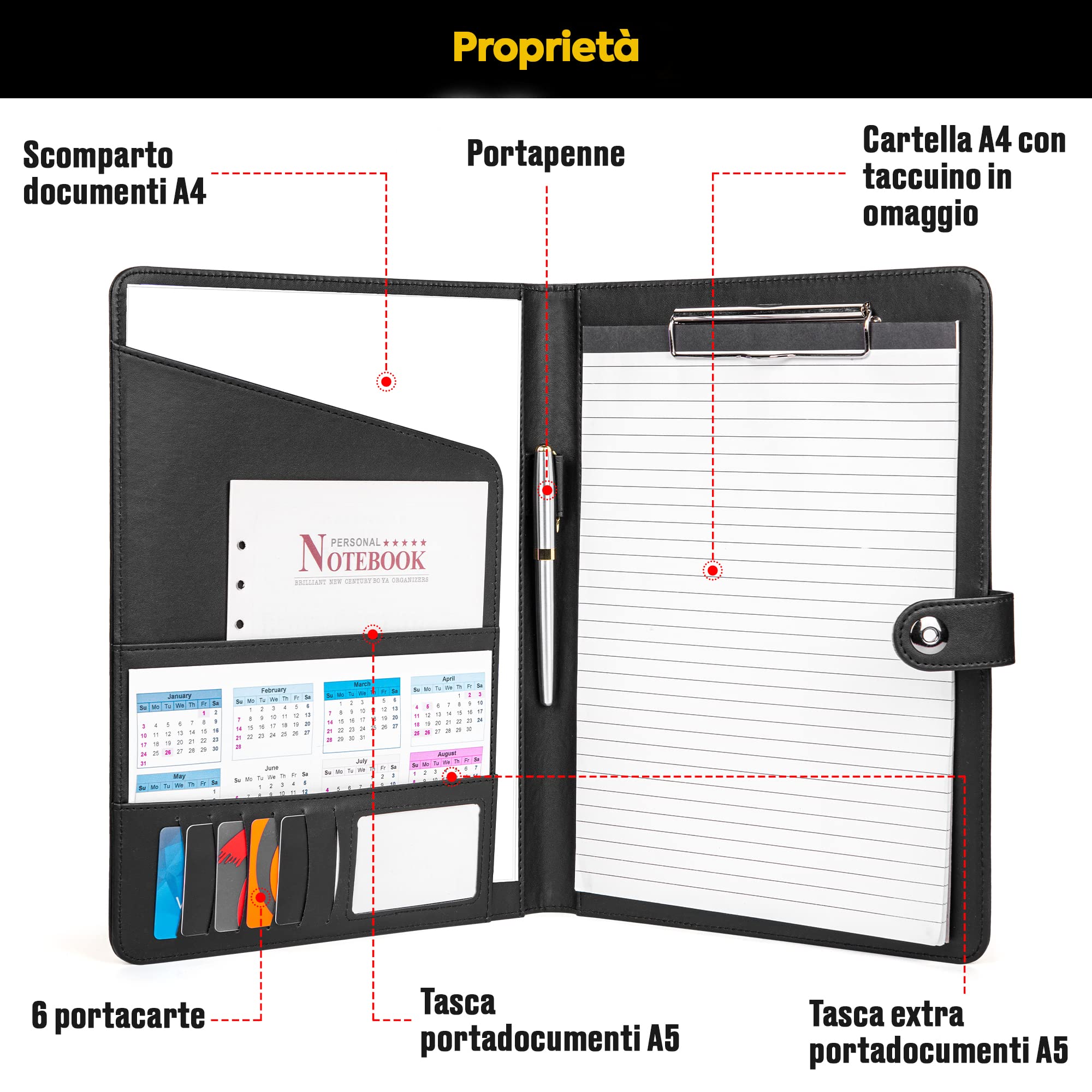 Cartellina Portadocumenti A4 in Pelle PU con Portablocco, Blocco Note, Organizer Documenti e Chiusura Magnetica