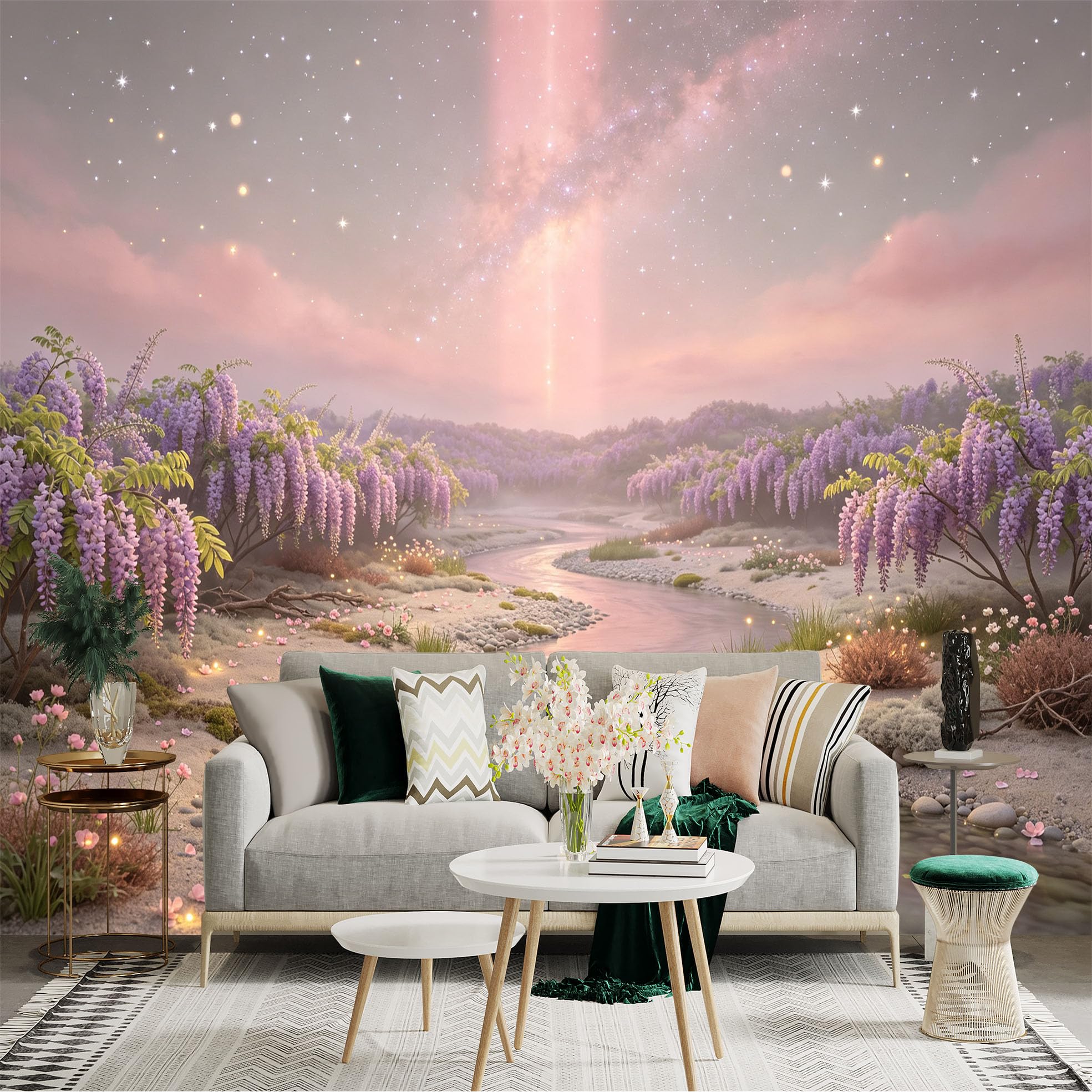 Lnzczhyre Bh260719734 Custom Size Wall Sticker Mural， Dreamy Wisteria Garden With Pink River， Milky Way Sky， Glowing Starry Night， For Wall Decoration， Peelandstick Wall Decals.