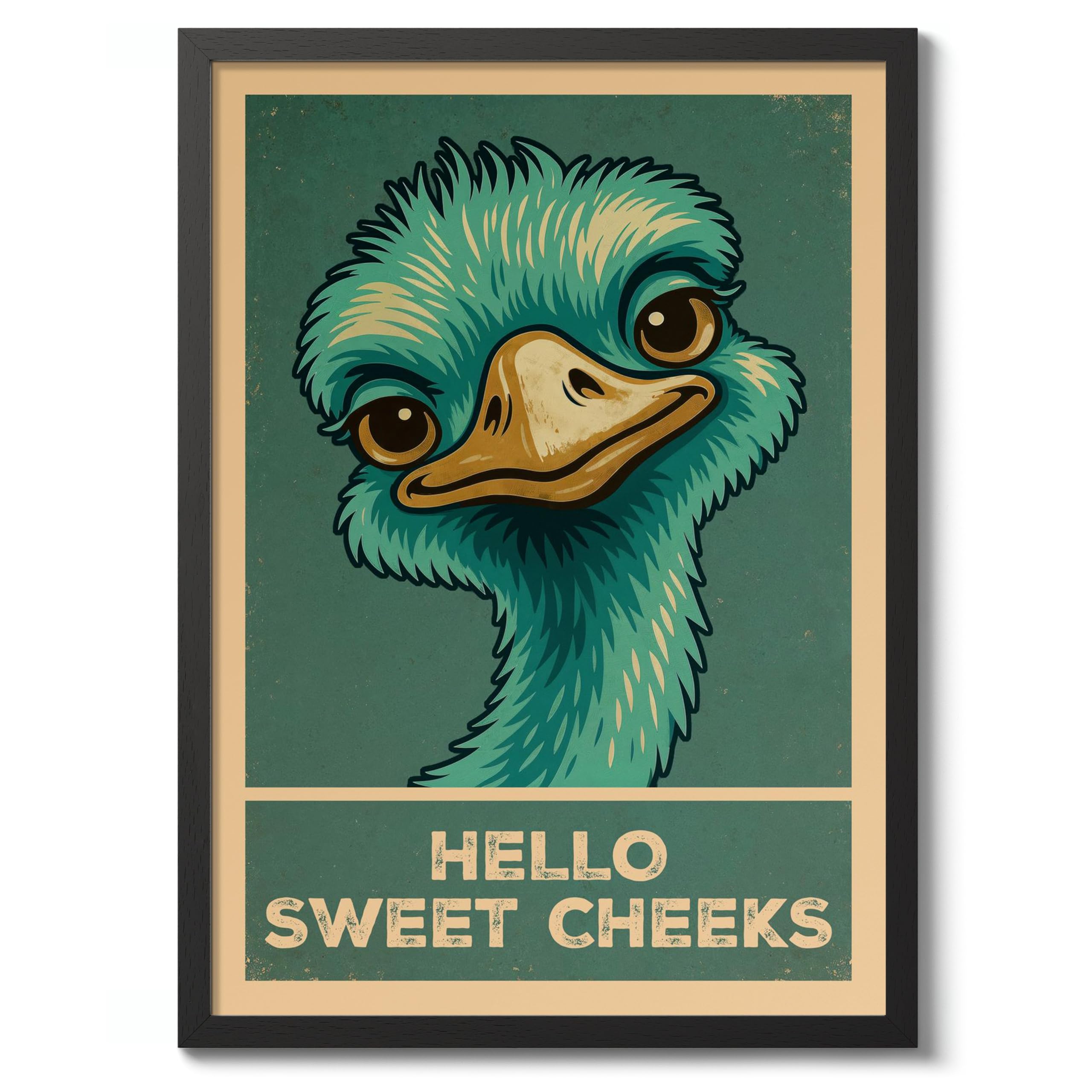 Hello Sweet Cheeks Ostrich Poster, Retro Animal Bathroom Print, Comedy Toilet Wall Art, A1 (Black Frame) - 86.9x62.4cm