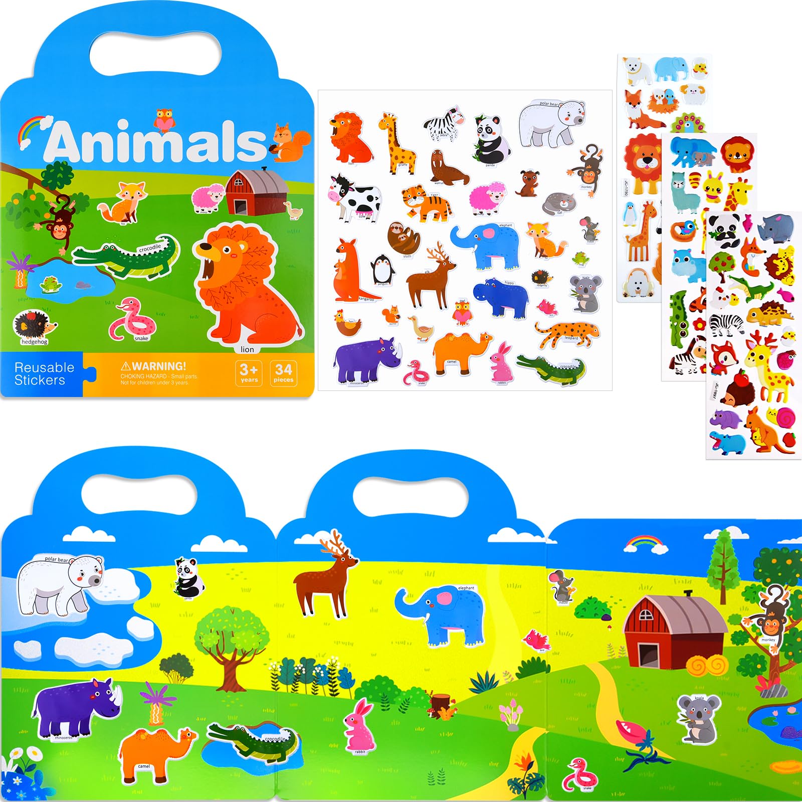 NEBURORA Livre d'autocollants gonflés réutilisables pour enfants, 88 autocollants animaux,livre d'autocollants de voyage et autocollants de scènes de jouets d'apprentissage éducatifs