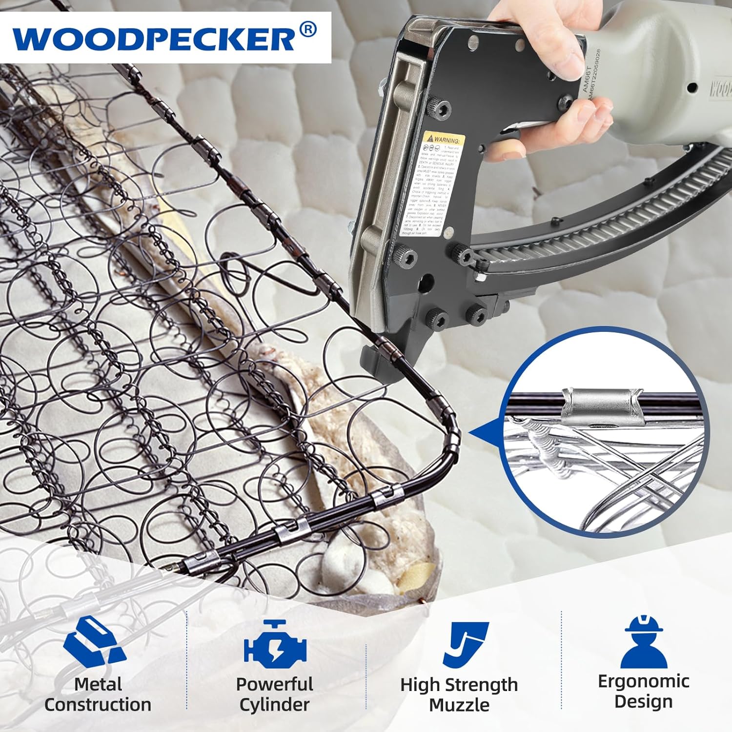 Woodpecker AM66T Pneumatic Clinching Clipper Tool, Vertex Fastening/Hartco Clipper Tool/J Clips Tool for Mattress, Wire Binding and Spring Fixing