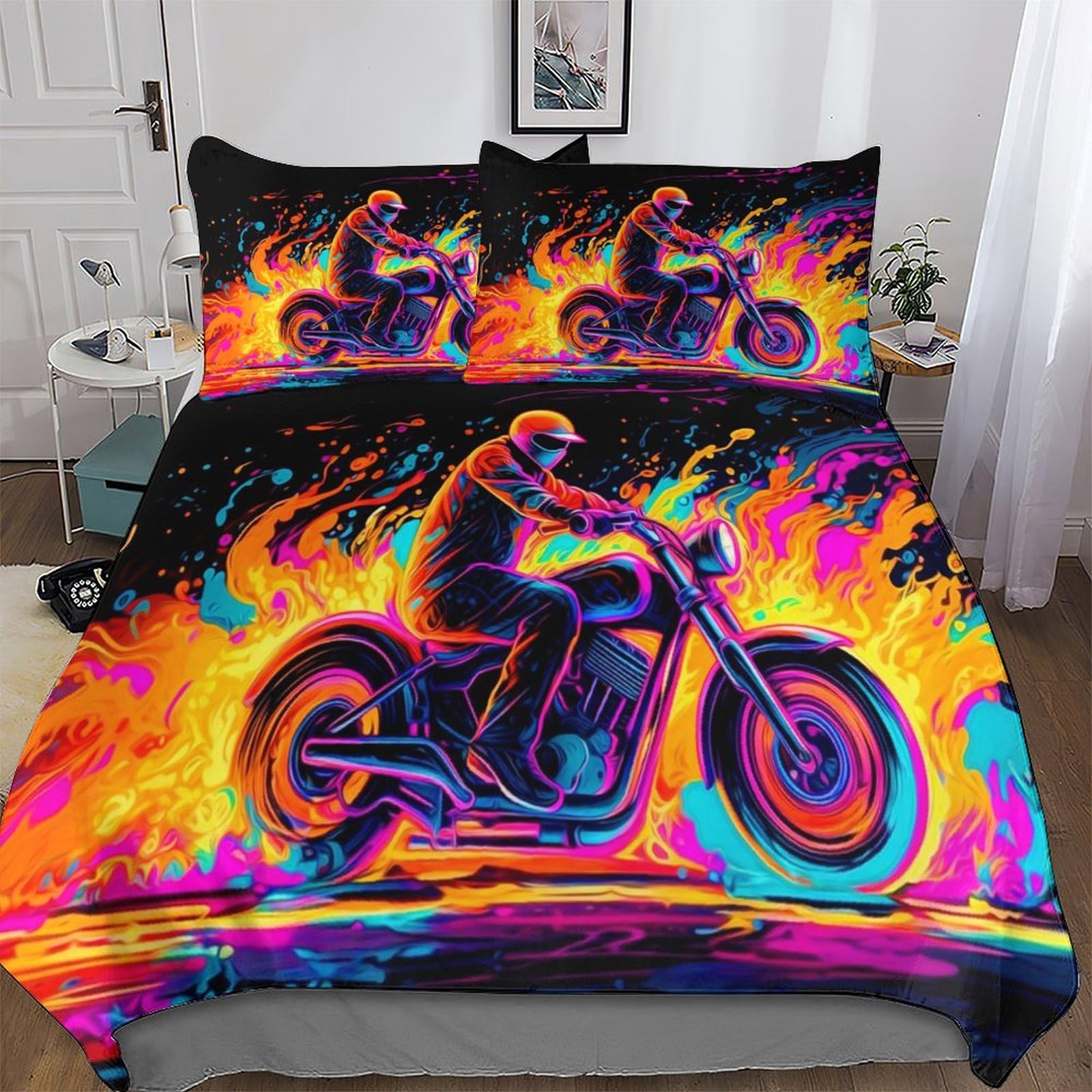 Parure de lit moto 200x200 cm avec housse de couette et taies