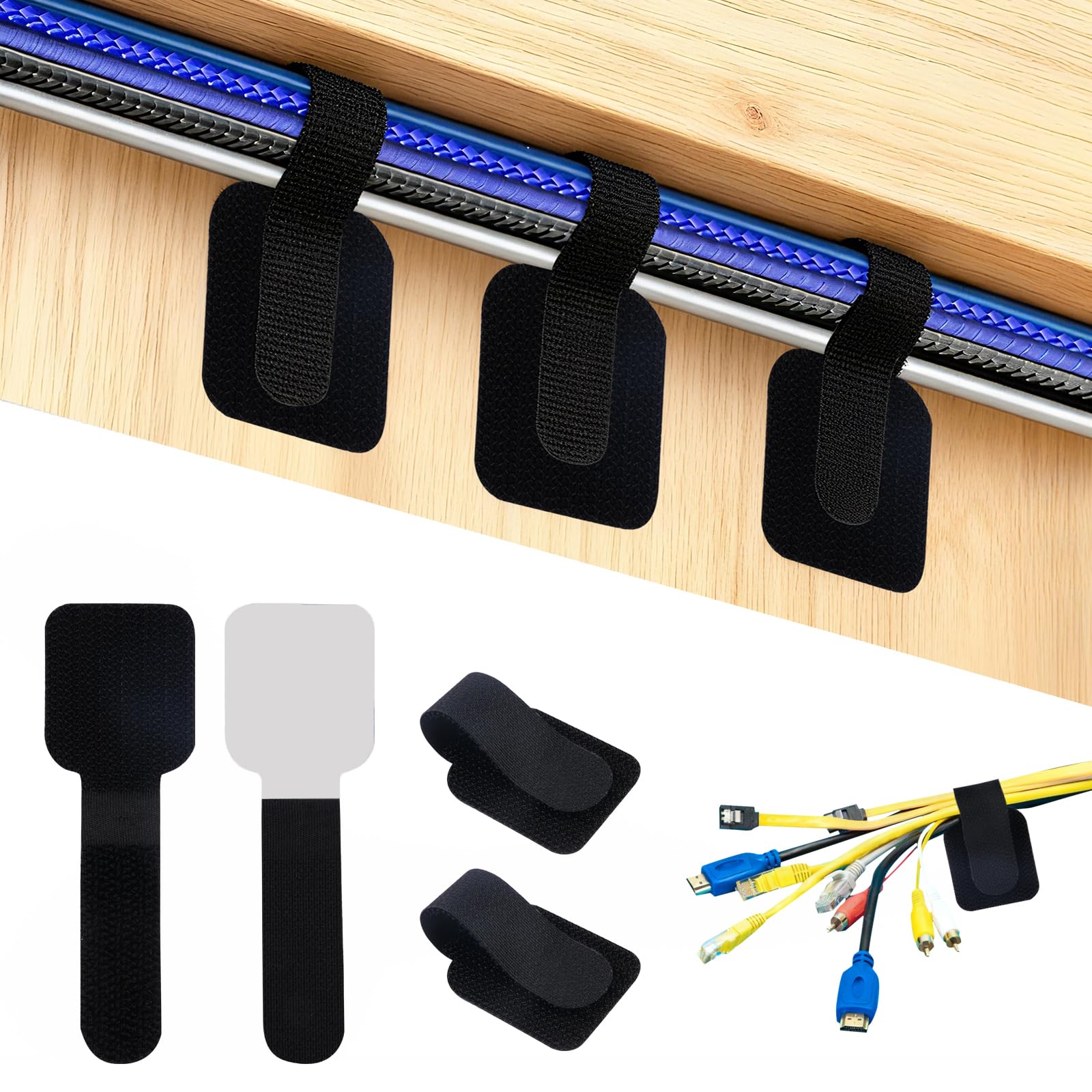 Under Desk Cable Management, 50 PCS Cable Tidy Clips Straps with Sticky Back, Self Adhesive Cord Holder, Adjustable Cord Hider for Wires Home and Office(Black)