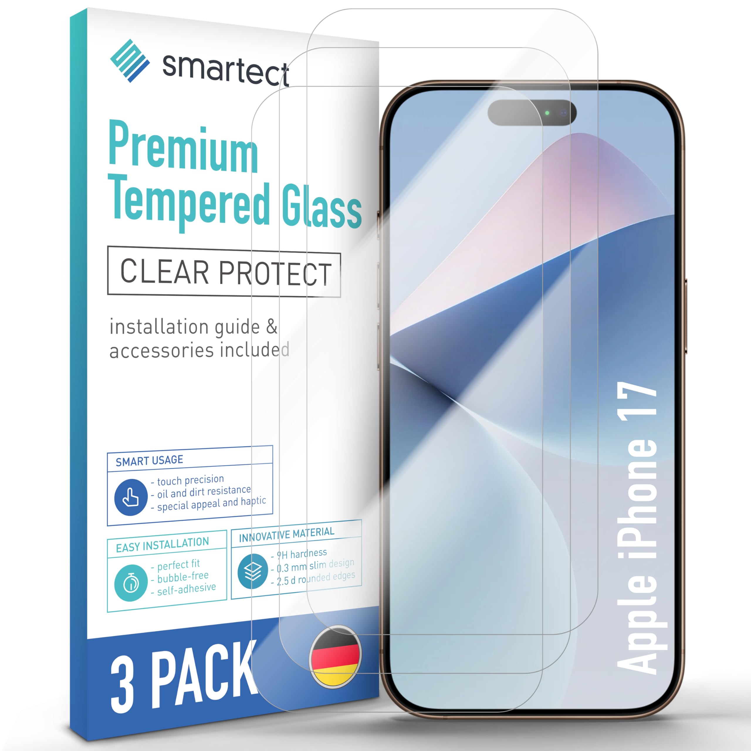smartect Szkło Hartowane 3 Sztuki dla iPhone 17 | Szklana Ochrona Ekranu HD Anti-Zarysowania, 0.3 mm Ultra-przezroczyste, Twardość 9H, Odporne na Uderzenia, Bez Pęcherzyków