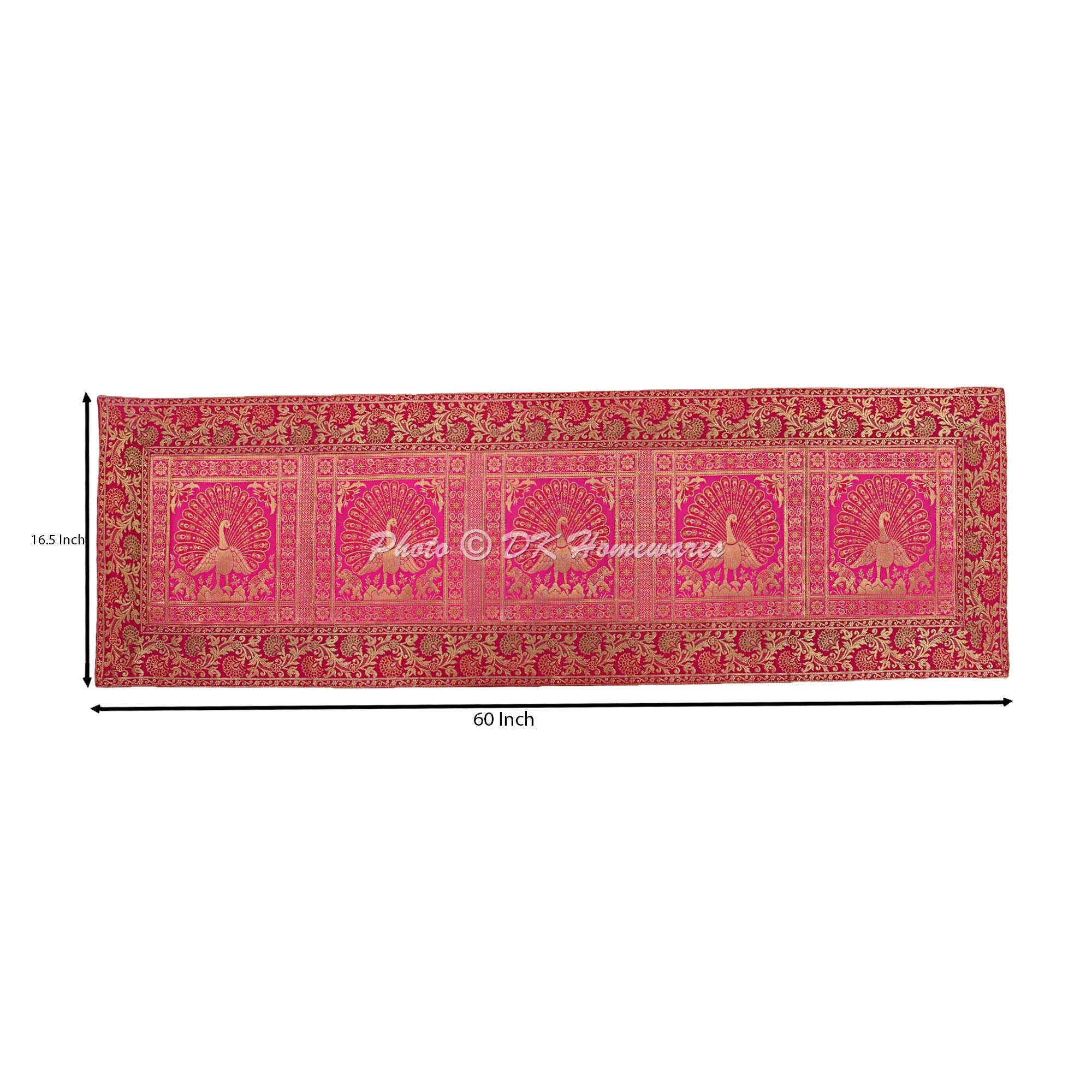 Tovaglia Runner Da Tavolo In Broccato Jacquard – Pavone E Floreale, Magenta E Oro, 150x40 Cm - 4
