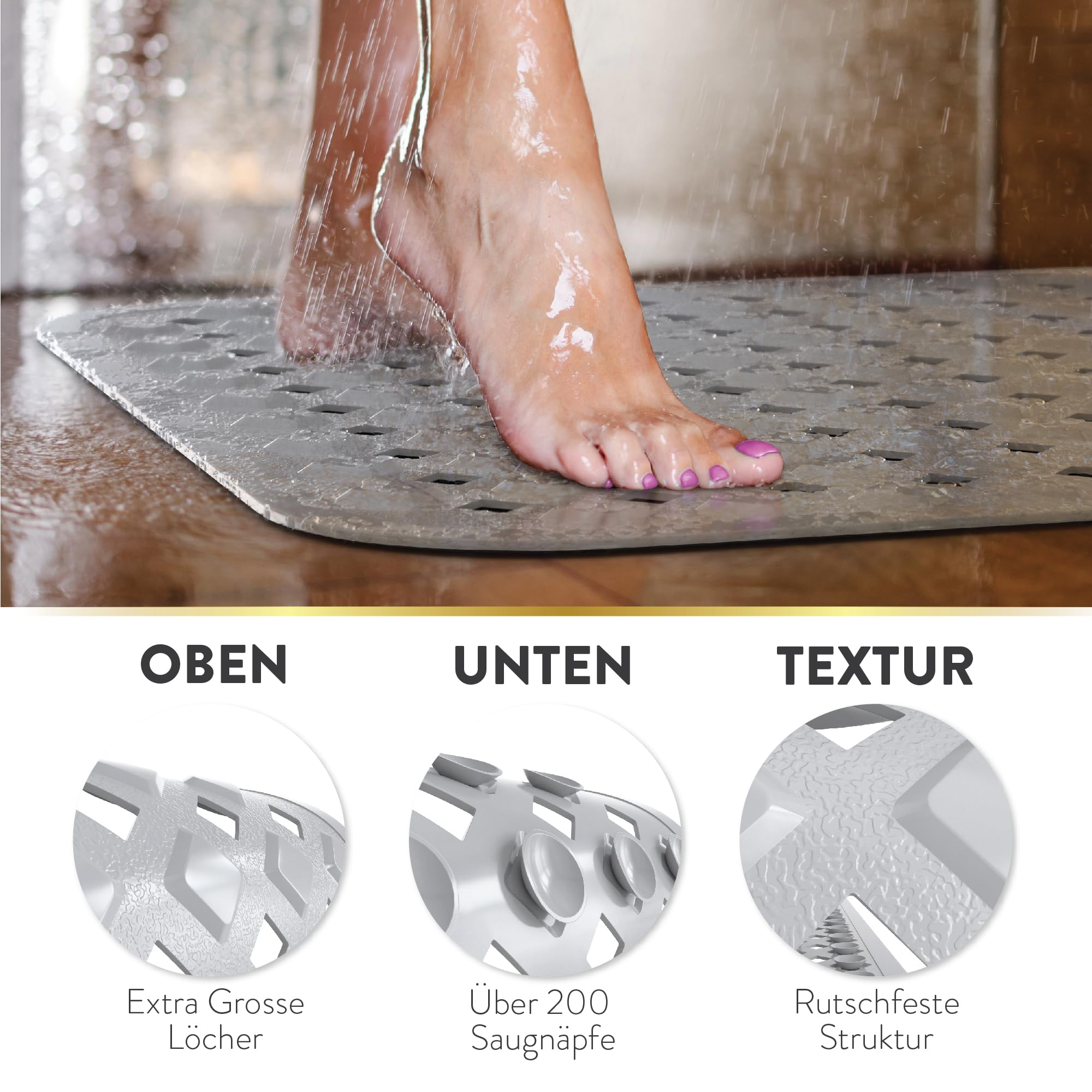 Tappetino per vasca da bagno, antiscivolo e sensibile alla pelle (grigio), 88 x 39 cm, lavabile in lavatrice, senza muffa, senza BPA, antiscivolo per vasca da bagno con ventose