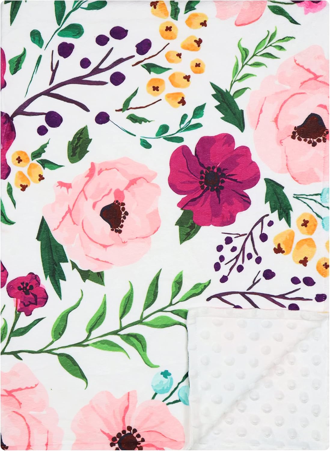 Baby Plush Minky Blanket Double Layer with Dotted Backing for Baby Girl or Baby Boy (Green and Pink Floral)