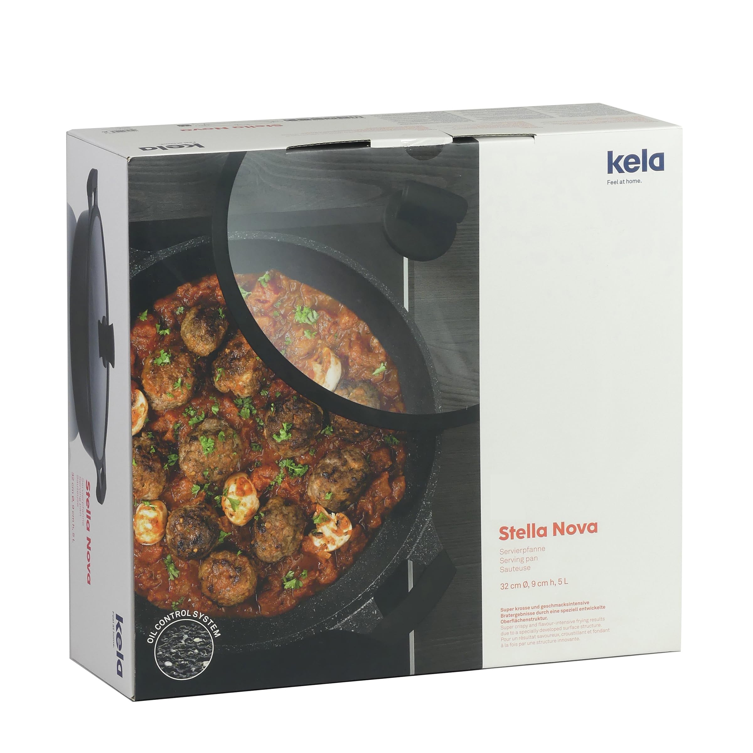 kela Padella da portata 32 cm STELLA NOVA, padella con coperchio con sistema di controllo dell'olio, casseruola a induzione 5 L, rivestimento in alluminio pressofuso, padella per paella con bordo alto