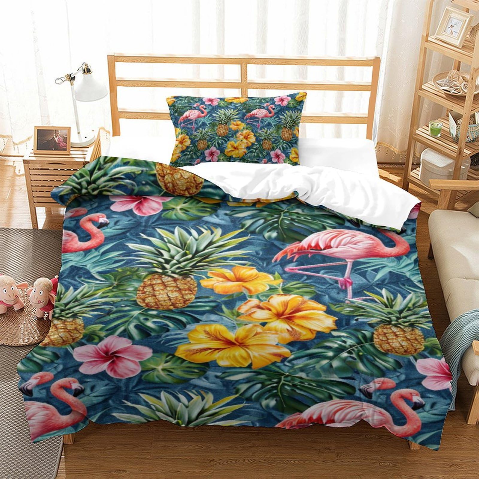 Parure de lit 3 pièces florale 135x200 avec housse de couette zippée