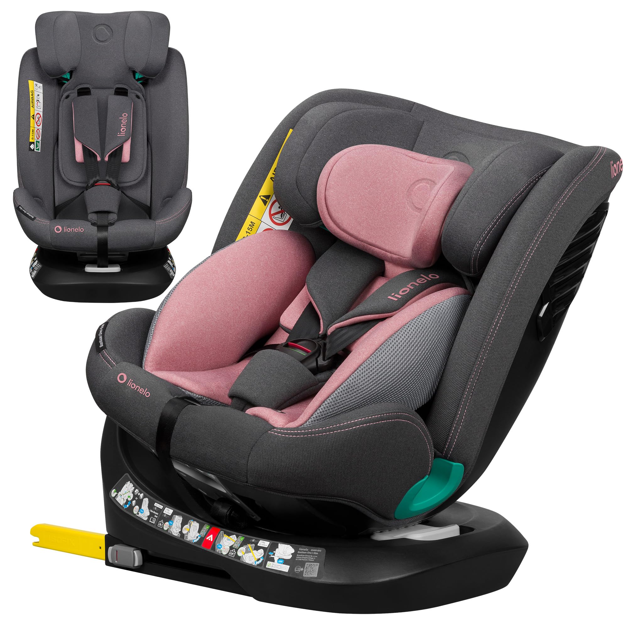 LIONELO Bastiaan i-​Size One Silla de Coche Giratoria 360o para Niños de 40 a 50 cm Montaje hacia Delante y hacia Atrás, ISOFIX Cinturón TopTether Ajuste del Respaldo y Reposacabezas Protección lateral