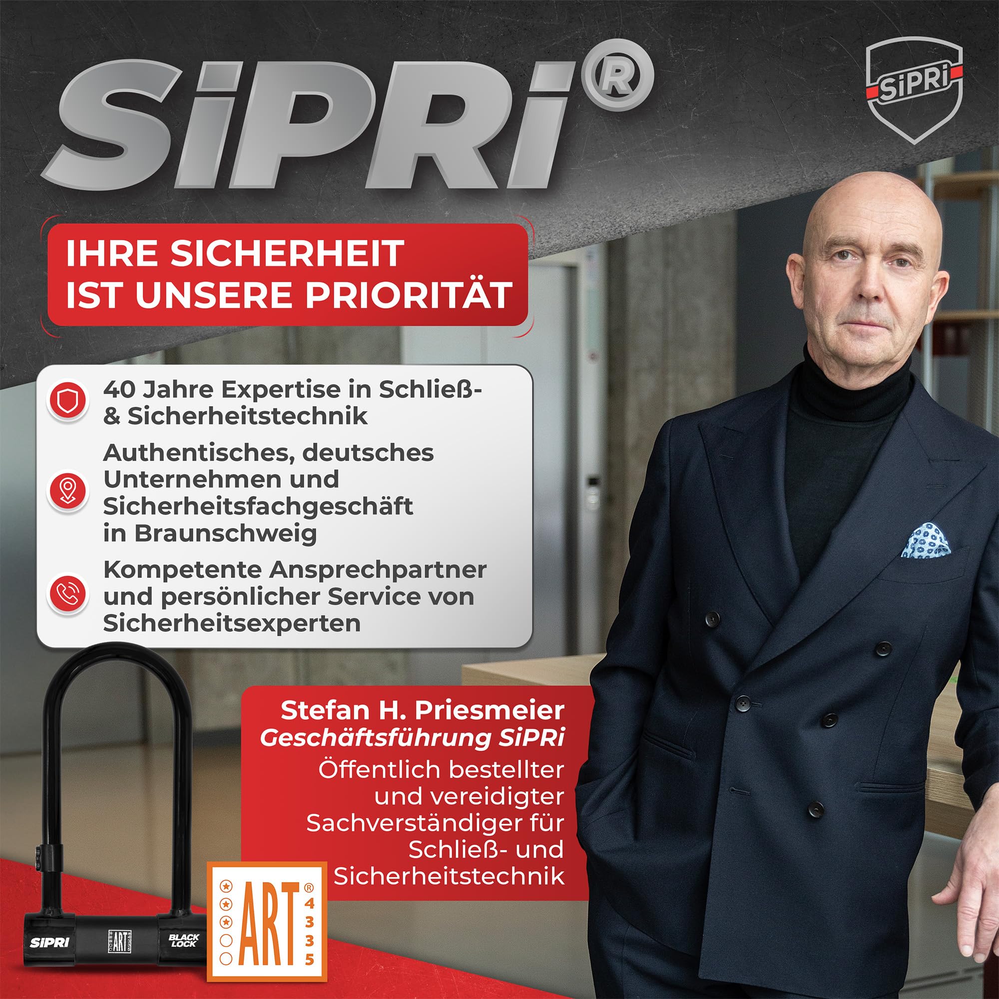 SIPRI® Fahrradschloss mit Alarm 120 dB | Gehärtetes Bügelschloss für E-Bike | E-Scooter & Motorrad | 14 mm Stahl | 230 mm | wetterfest | Diebstahlschutz | Schloss mit Schlüssel | robust & sicher