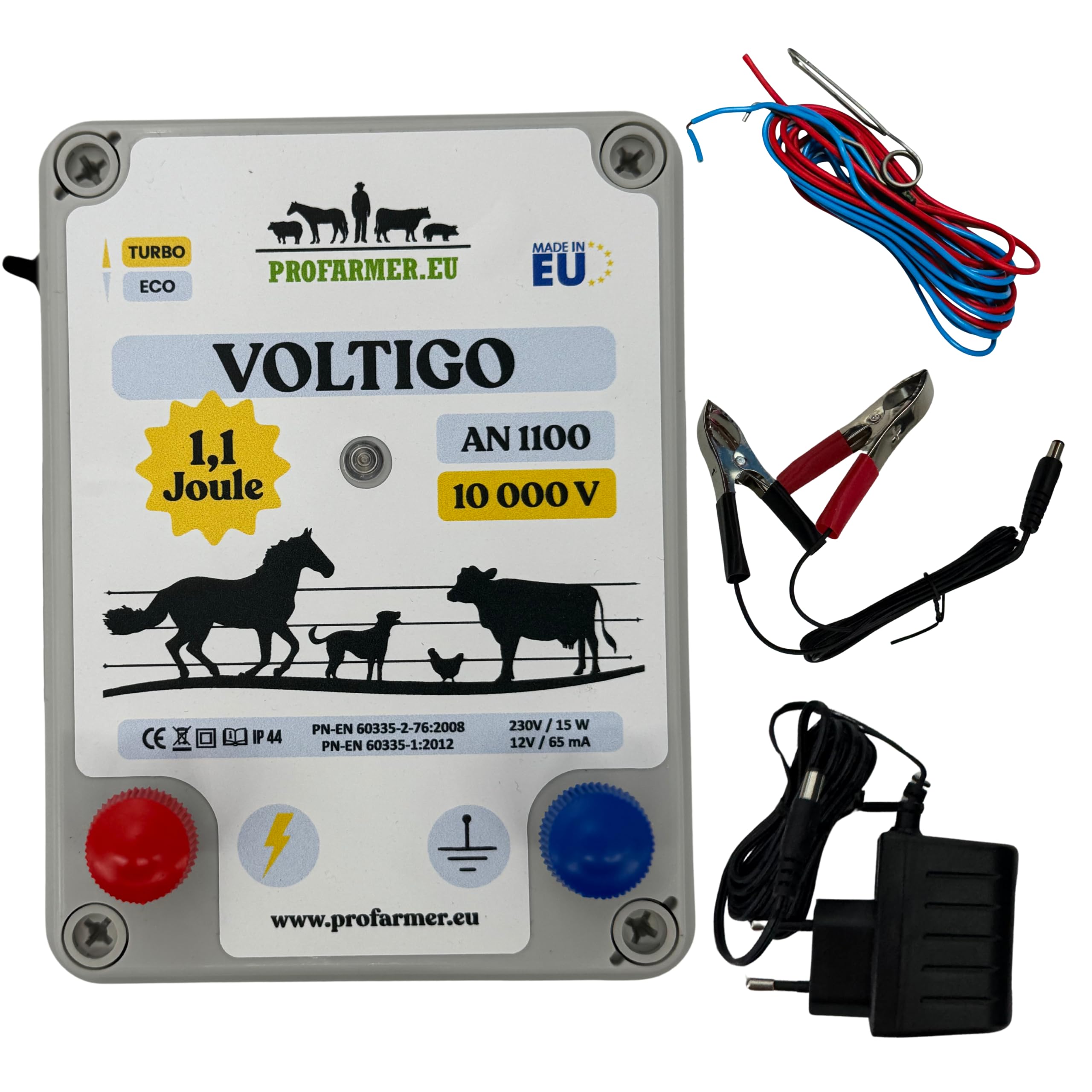 VOLTIGO AN 1100 urządzenie ogrodzeniowe 230 V/12 V, ogrodzenie elektryczne dla koni, bydła, psów, kotów, drobiu, w zestawie adapter sieciowy, kabel akumulatorowy, przyłącze ogrodzenia, przewód