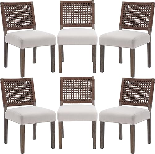 Miniatura 15 de Juego de 4 sillas de comedor estilo granja tapizadas de tela de lino, sillas de cocina y comedor modernas de mediados de siglo con respaldo de Parte