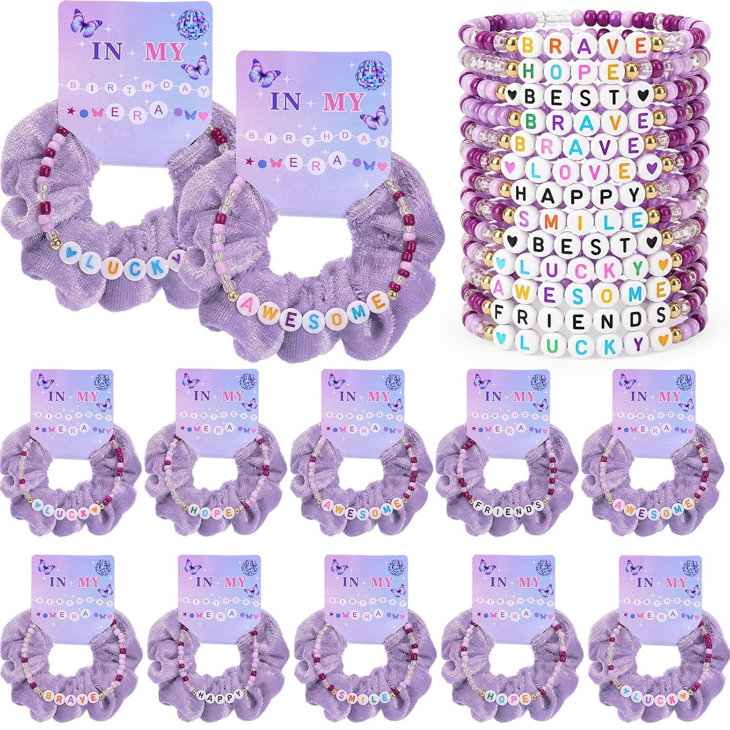 Hoteam in My Birthday Era Party Supplies Kpop Theme Popular Singer Favors Friendship Bead Bracelets Velvet Hair Scrunchies for Fans Party Supplies Birthday Decorations(24 Sets)