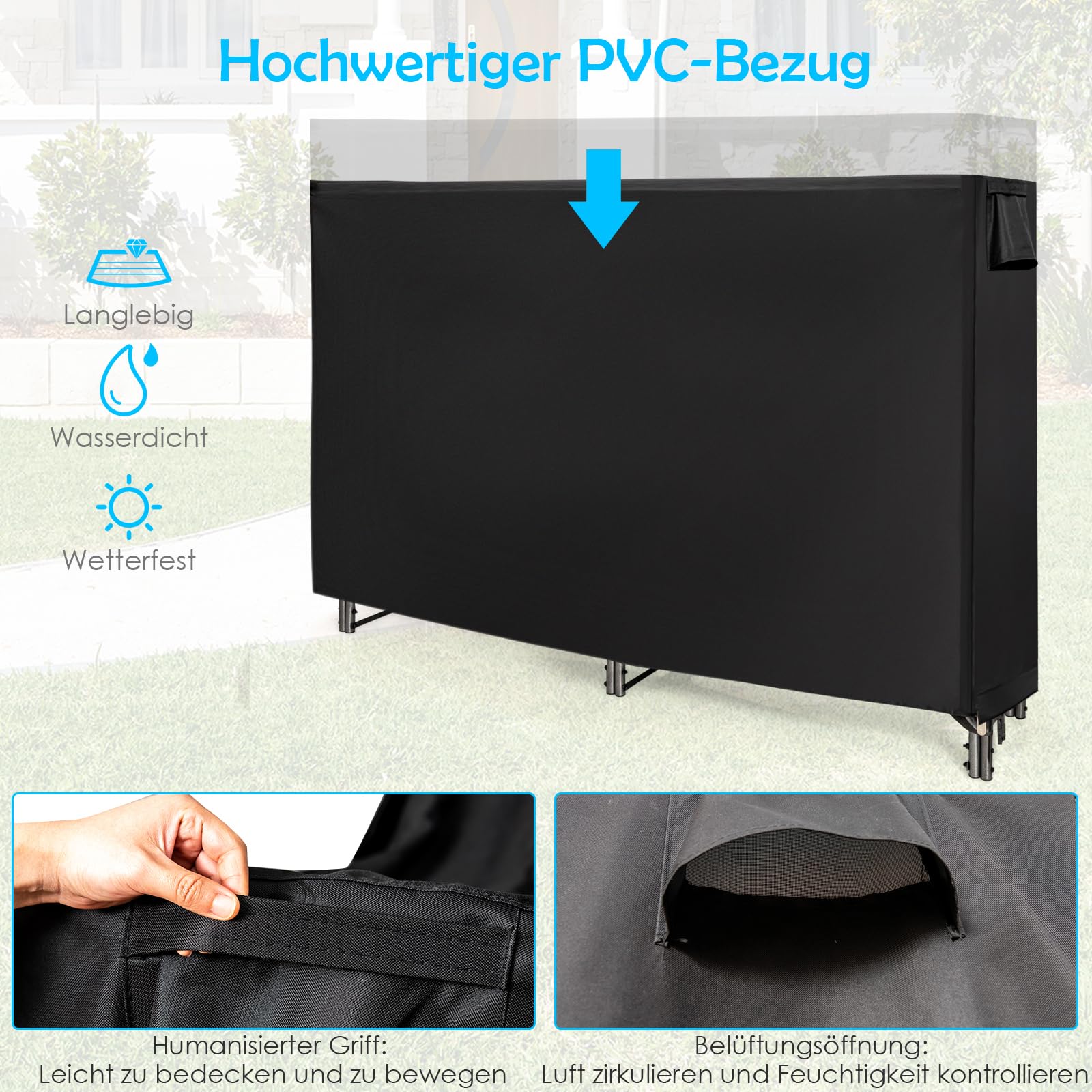 COSTWAY Metalowy regał na drewno kominkowe, 184 x 35,5 x 122,5 cm, regał na drewno opałowe z wodoodporną osłoną, stojak na drewno kominkowe, regał na drewno opałowe do użytku na zewnątrz