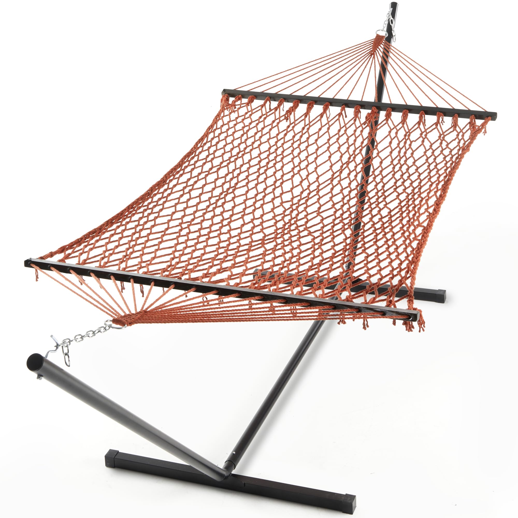 PNAEUT Double Hammock with Stand for Outside, Rope Hammocks with Hardwood Spreader Bar 2 Person, 12ft Heavy Duty Stand, Extra Pillow, Max 475 lbs Capacity (Coffee)