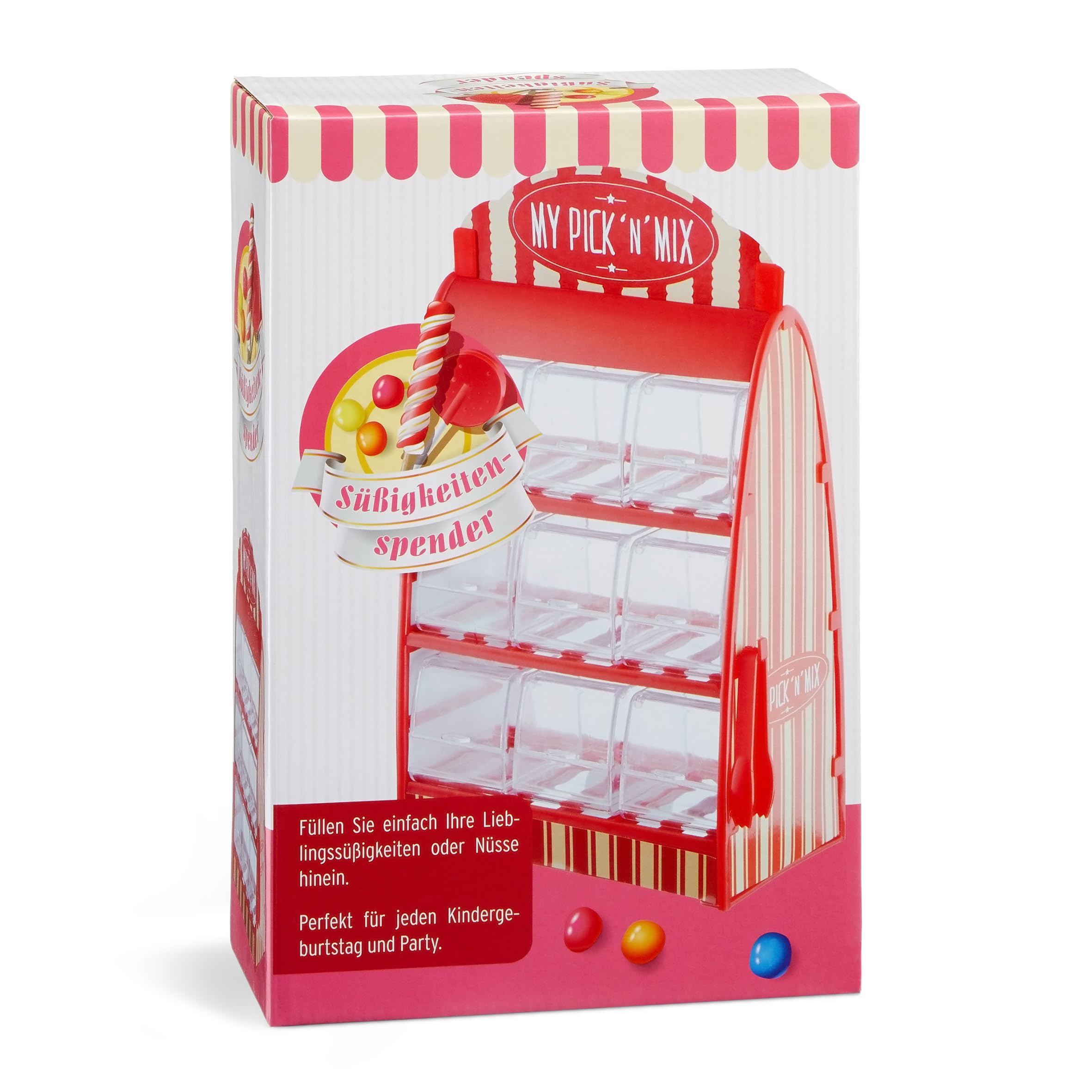 Süßigkeitenspender mit 9 Fächern - 30 x 18 cm - Candy Bar im Retro Design mit Zange - Süßigkeiten Spender Bonboniere Weingummi Jellybeans Theke